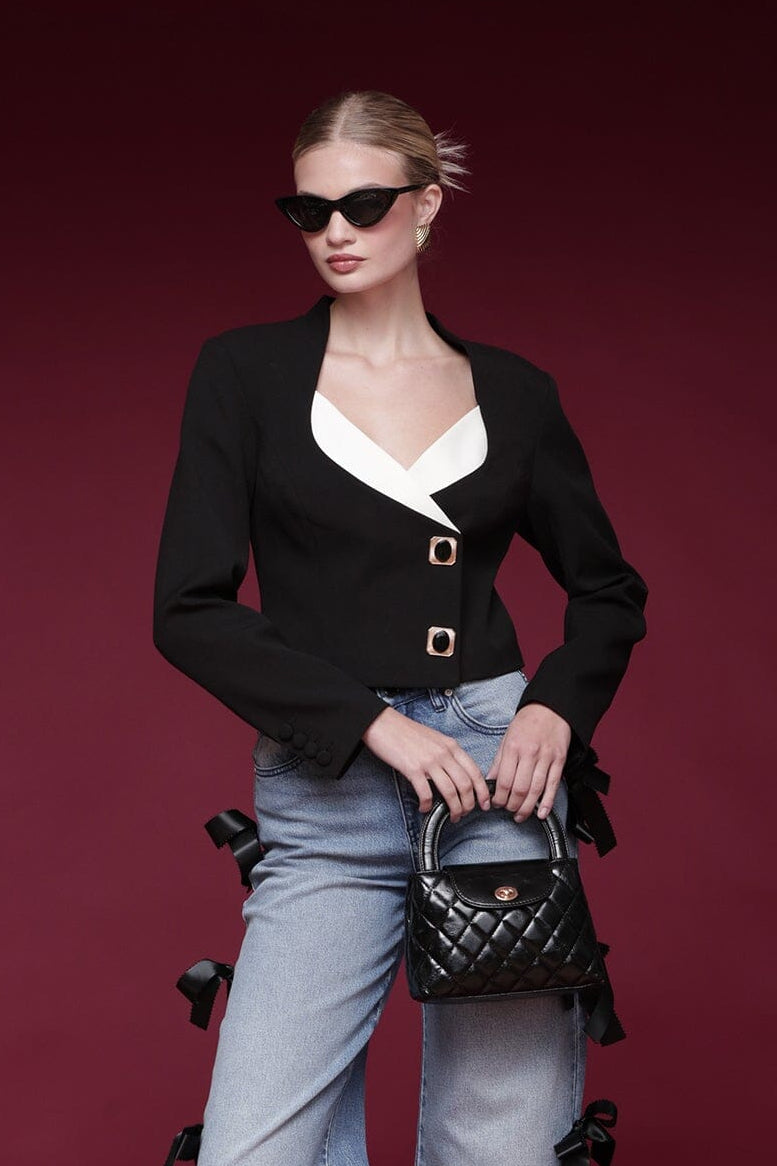 Contrast lapel novelty button-front oversized black and white cropped blazer with long sleeves - Shop designer women's blazers by Avec Les Filles