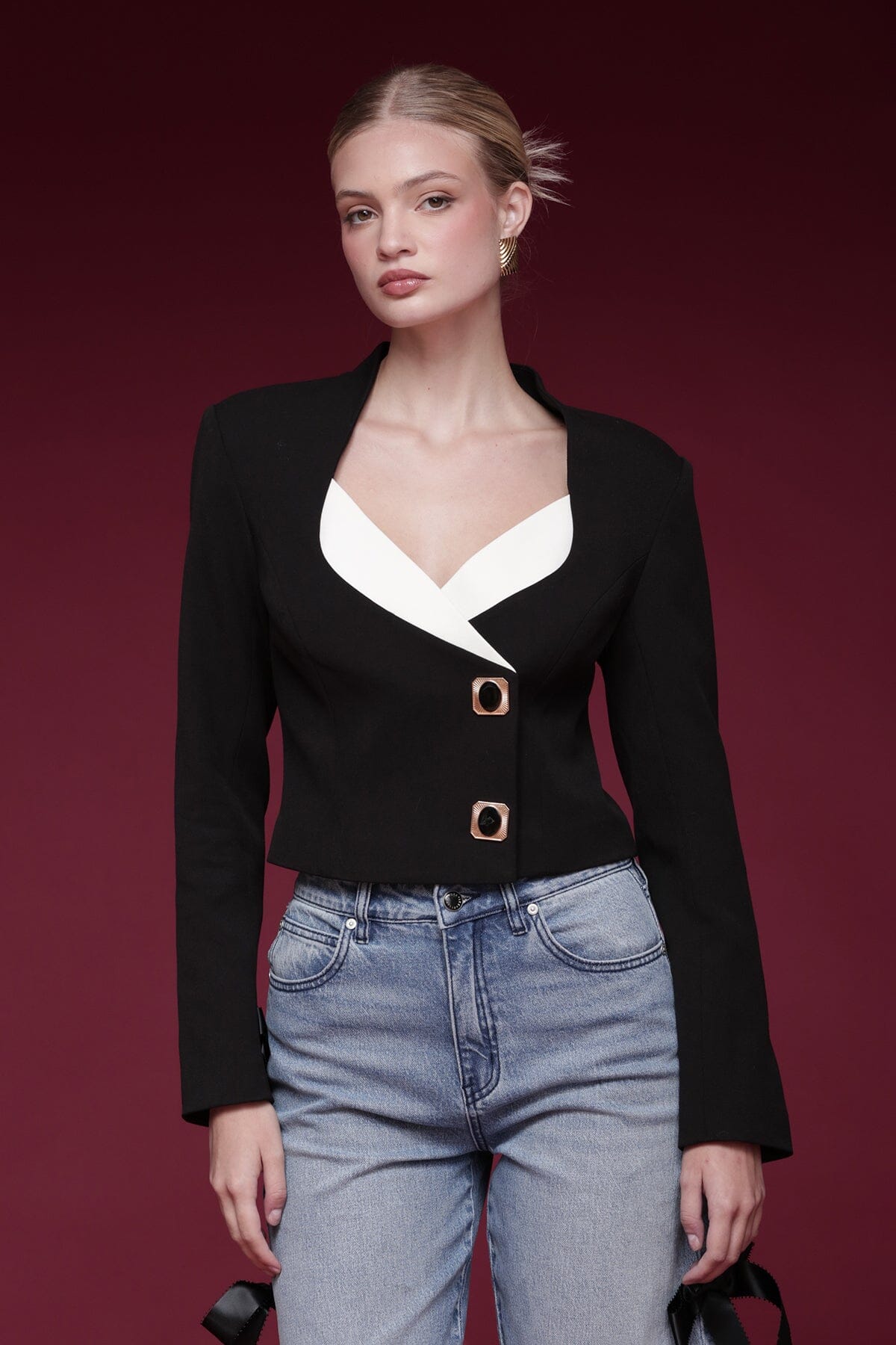 Contrast lapel novelty button-front oversized black and white cropped blazer with long sleeves - Shop designer women's blazers by Avec Les Filles