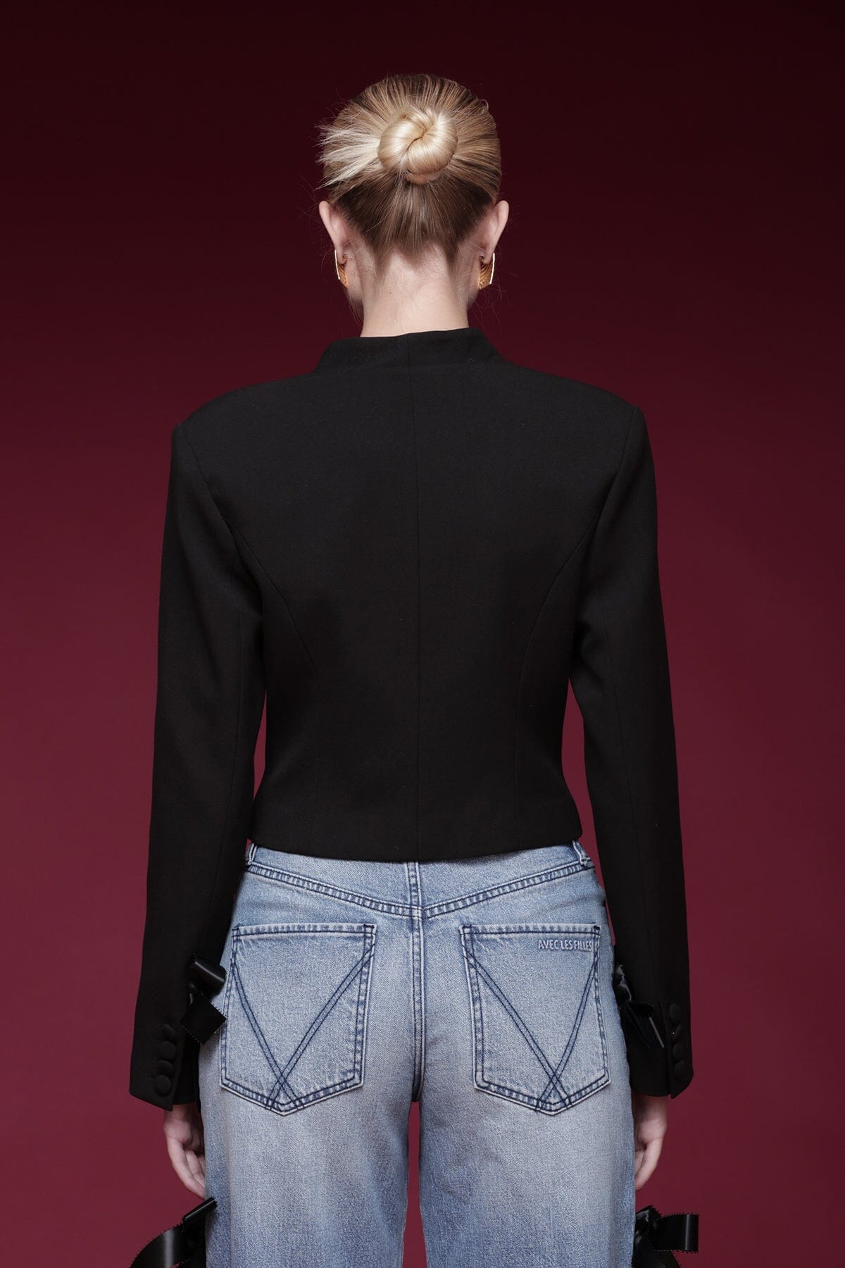 Contrast lapel novelty button-front oversized black and white cropped blazer with long sleeves - Shop designer women's blazers by Avec Les Filles