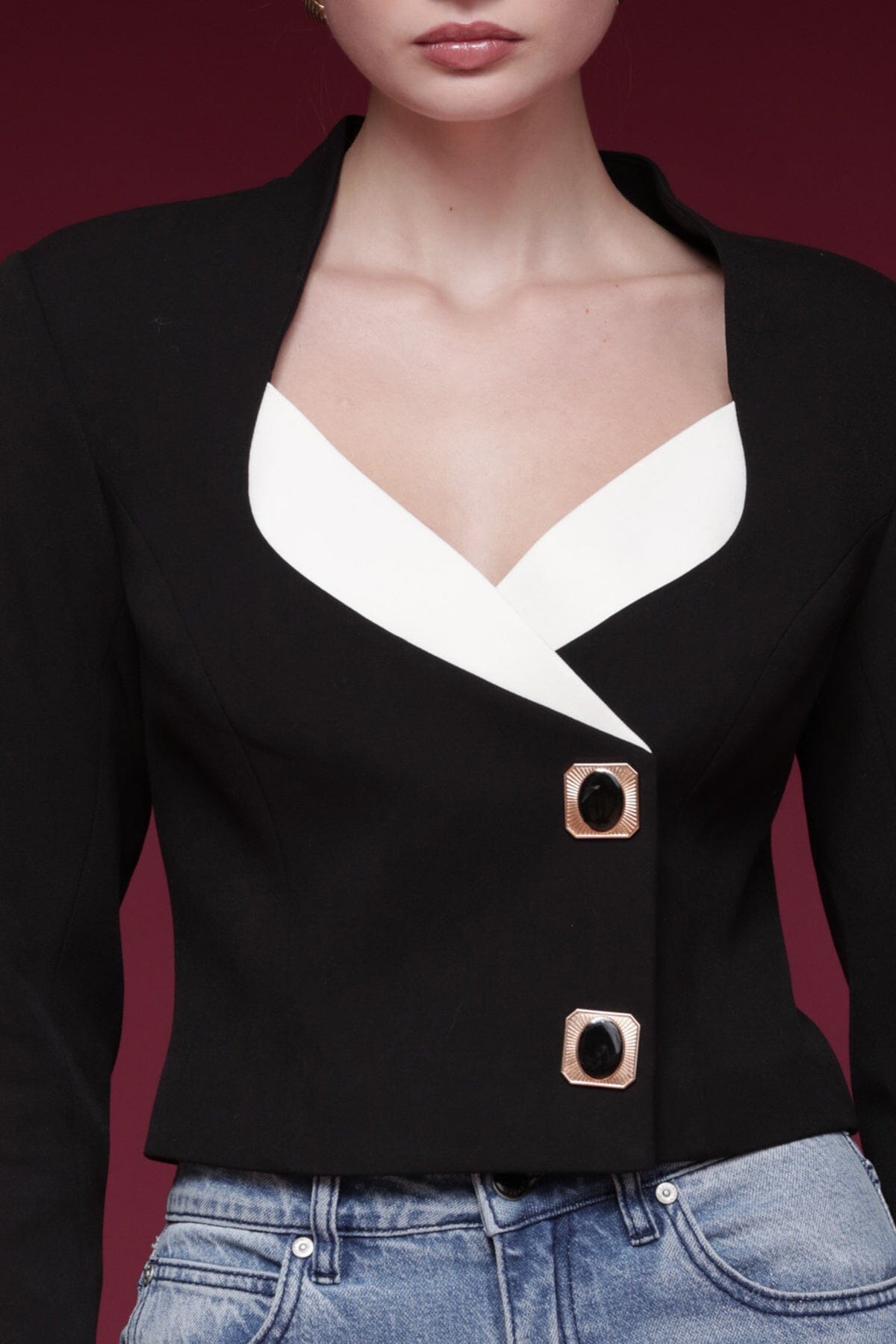 Contrast lapel novelty button-front oversized black and white cropped blazer with long sleeves - Shop designer women's blazers by Avec Les Filles