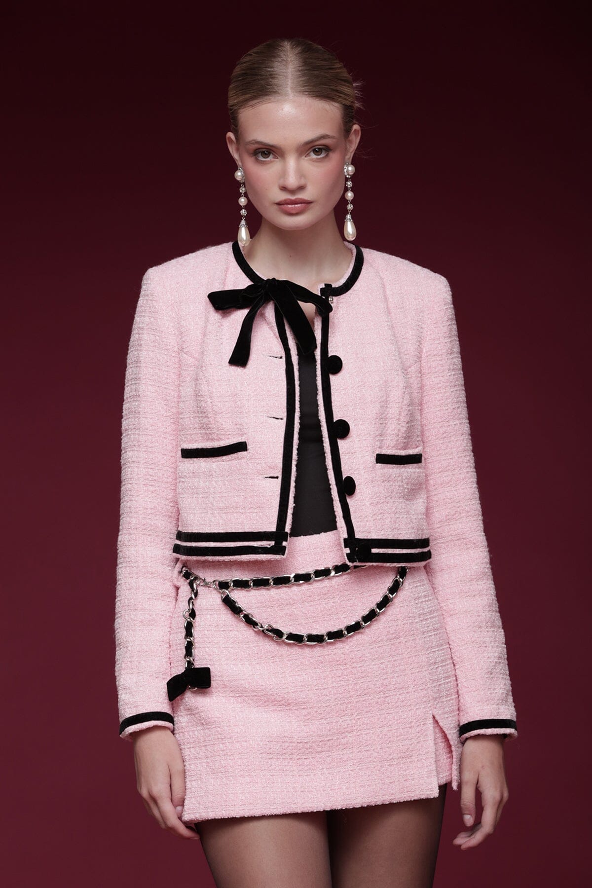 Velvet trim tweed cropped button-front candy pink jacket with long sleeves and a round neckline - Shop designer women's jackets by Avec Les Filles