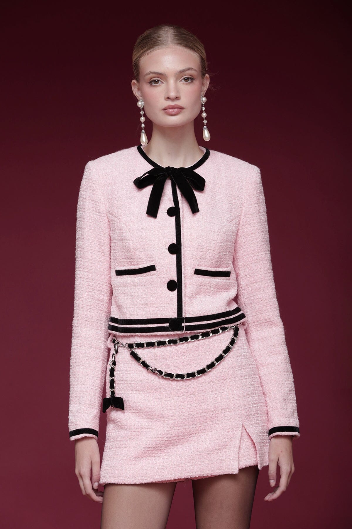 Velvet trim tweed cropped button-front candy pink jacket with long sleeves and a round neckline - Shop designer women's jackets by Avec Les Filles