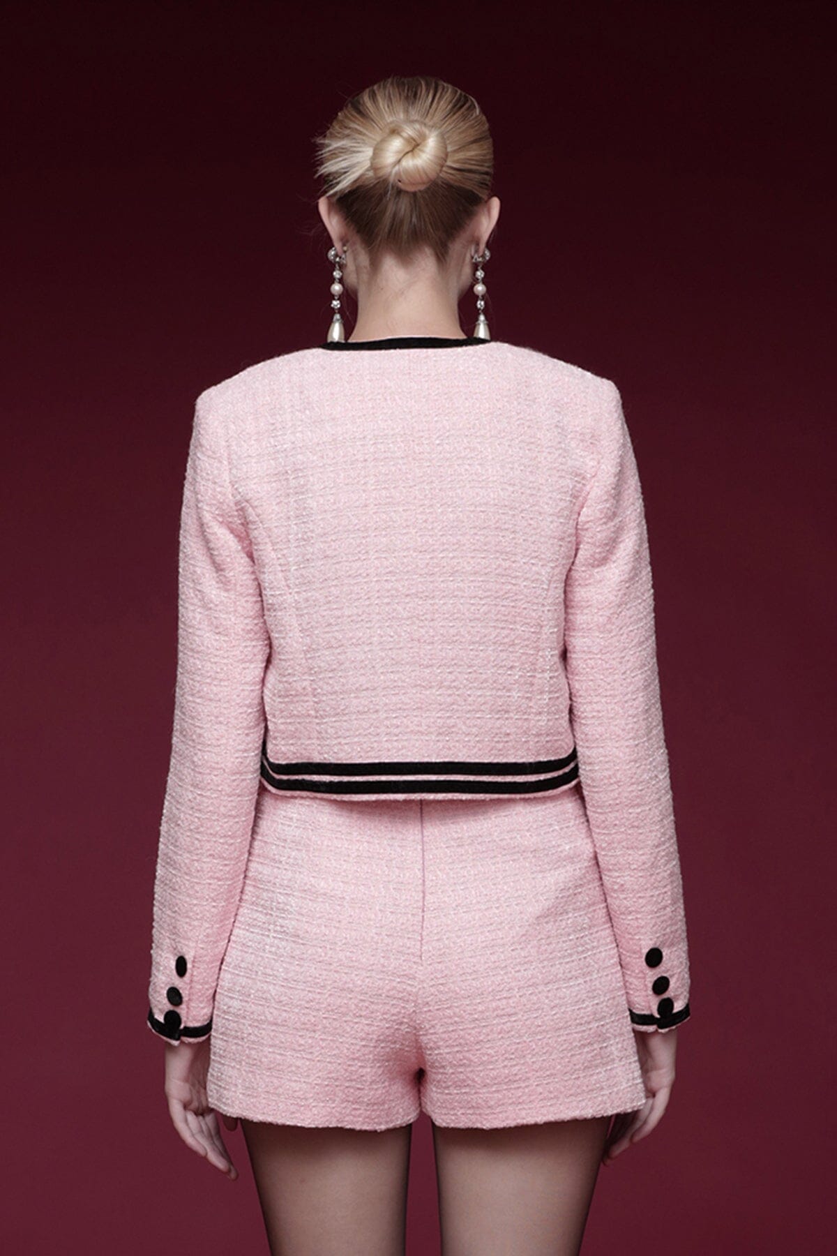 Velvet trim tweed cropped button-front candy pink jacket with long sleeves and a round neckline - Shop designer women's jackets by Avec Les Filles