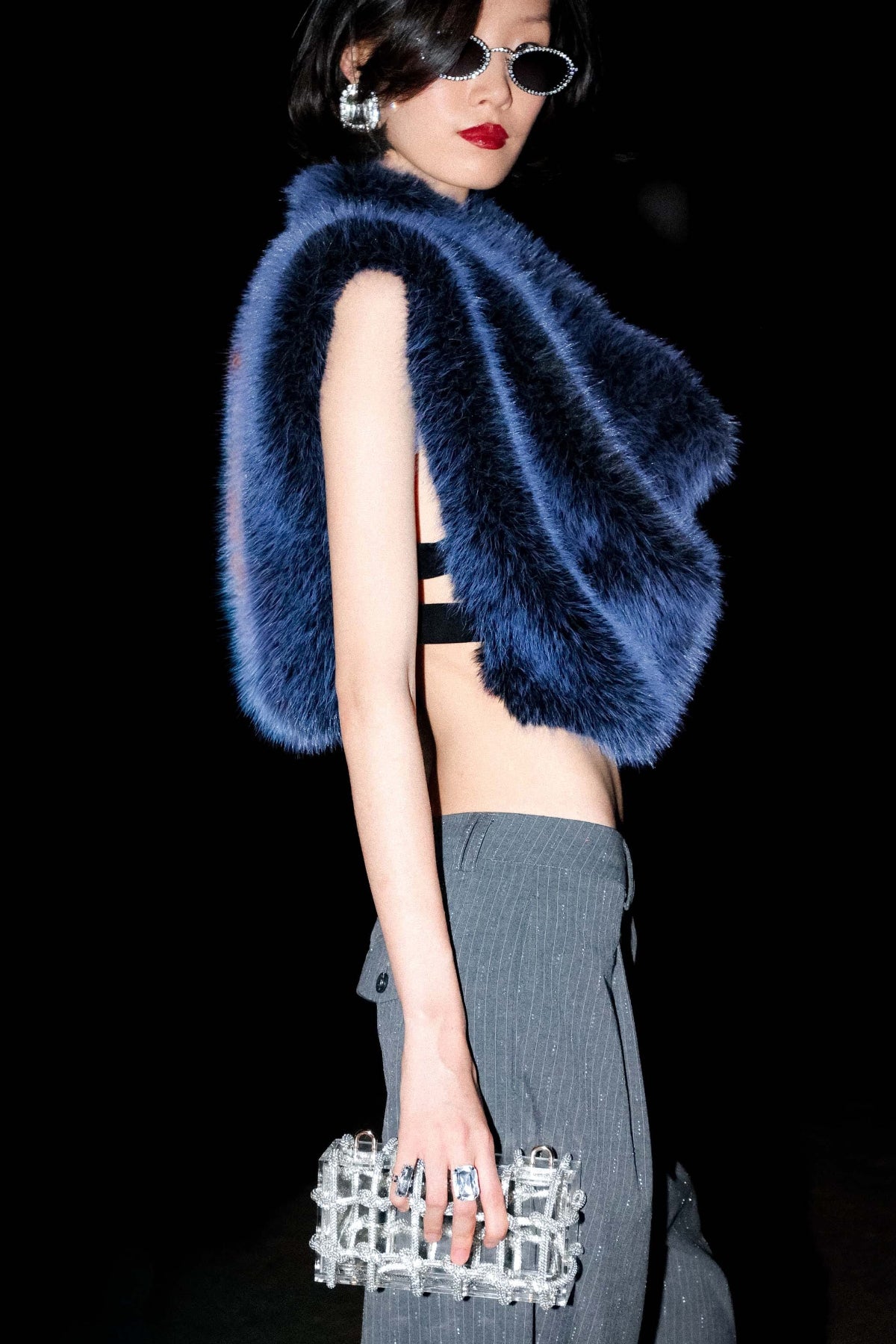 Cowl neck faux fur blue crop top with sleeveless and draped cowl neckline - Shop designer women's crop tops by Avec Les Filles