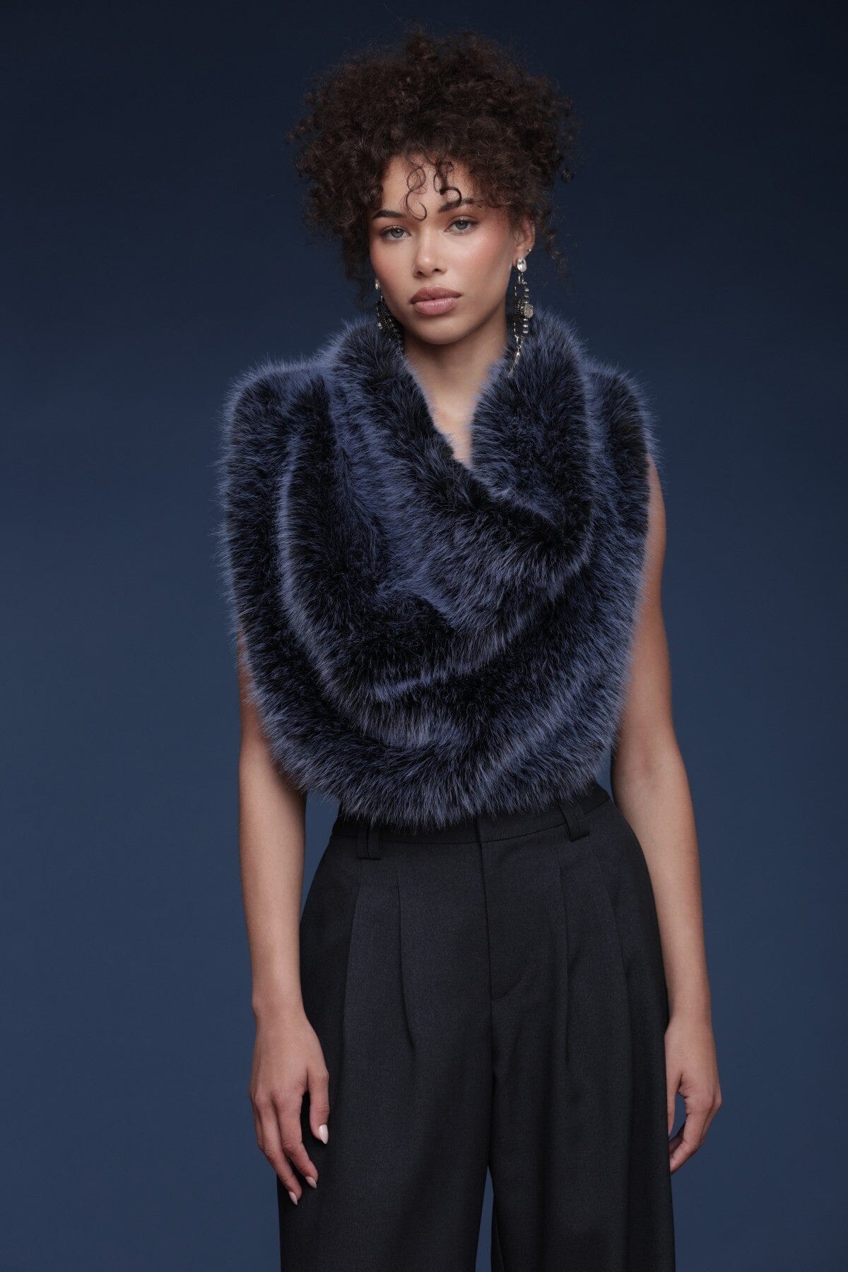 Cowl neck faux fur blue crop top with sleeveless and draped cowl neckline - Shop designer women's crop tops by Avec Les Filles