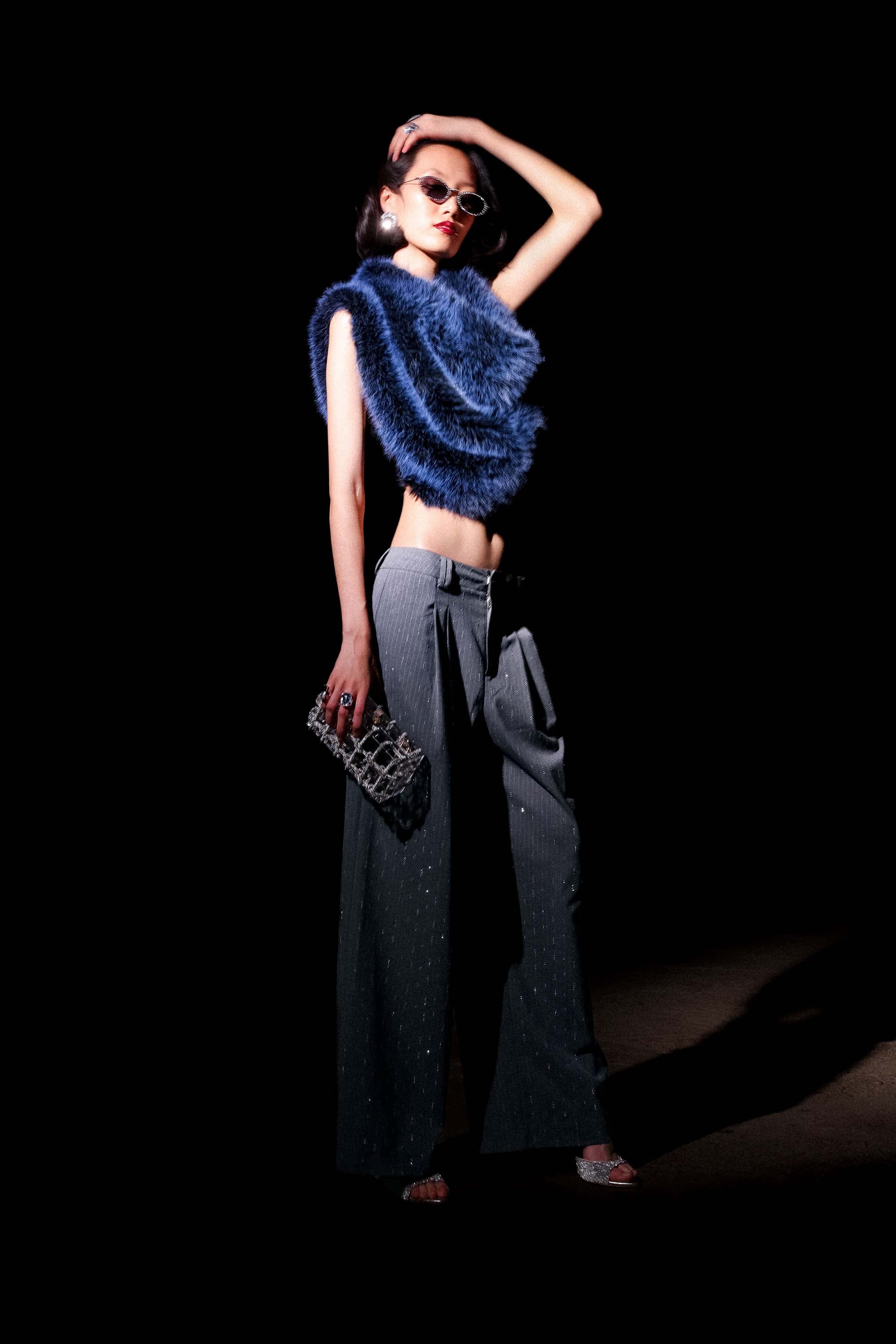 Cowl neck faux fur blue crop top with sleeveless and draped cowl neckline - Shop designer women's crop tops by Avec Les Filles