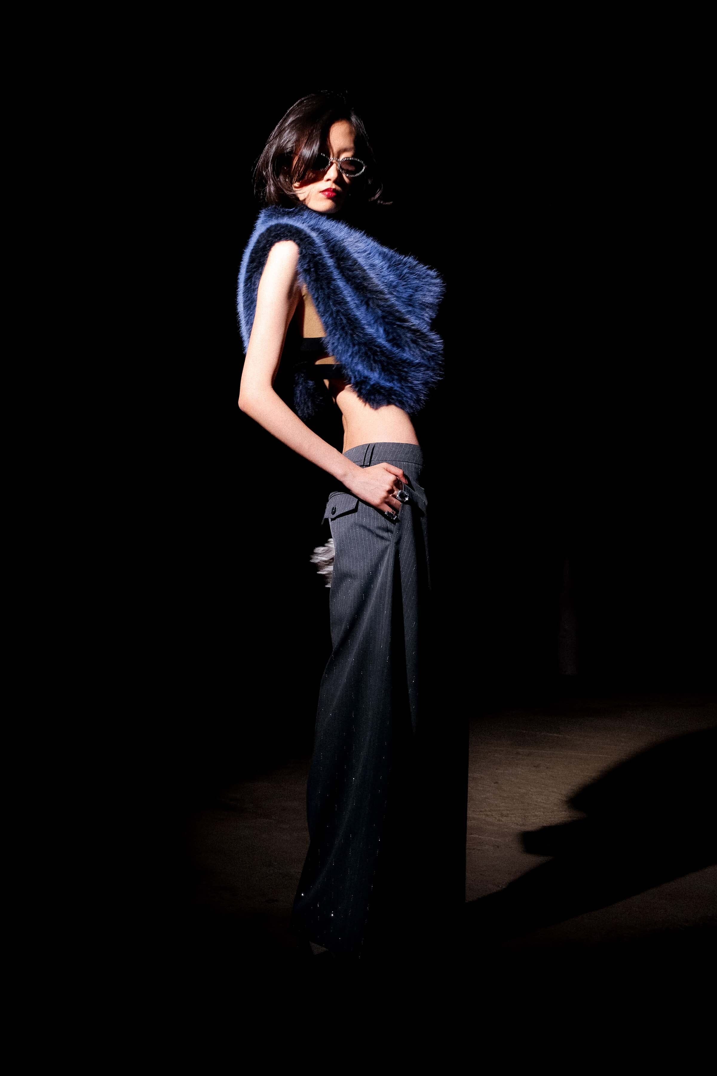 Cowl neck faux fur blue crop top with sleeveless and draped cowl neckline - Shop designer women's crop tops by Avec Les Filles