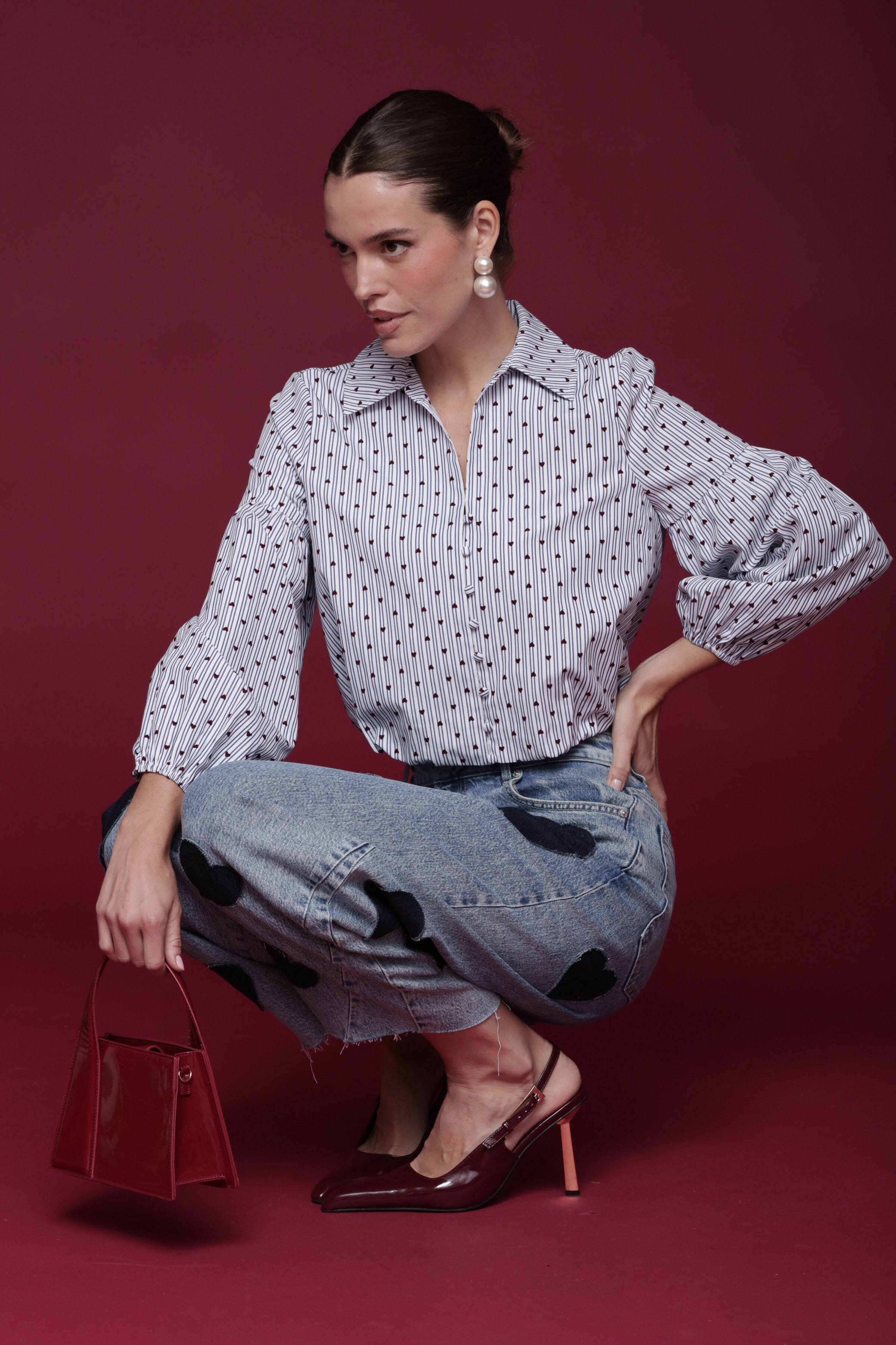 Heart and stripe print puff sleeve cropped blue shirt with point collar and full button placket - Shop designer women's shirts by Avec Les Filles