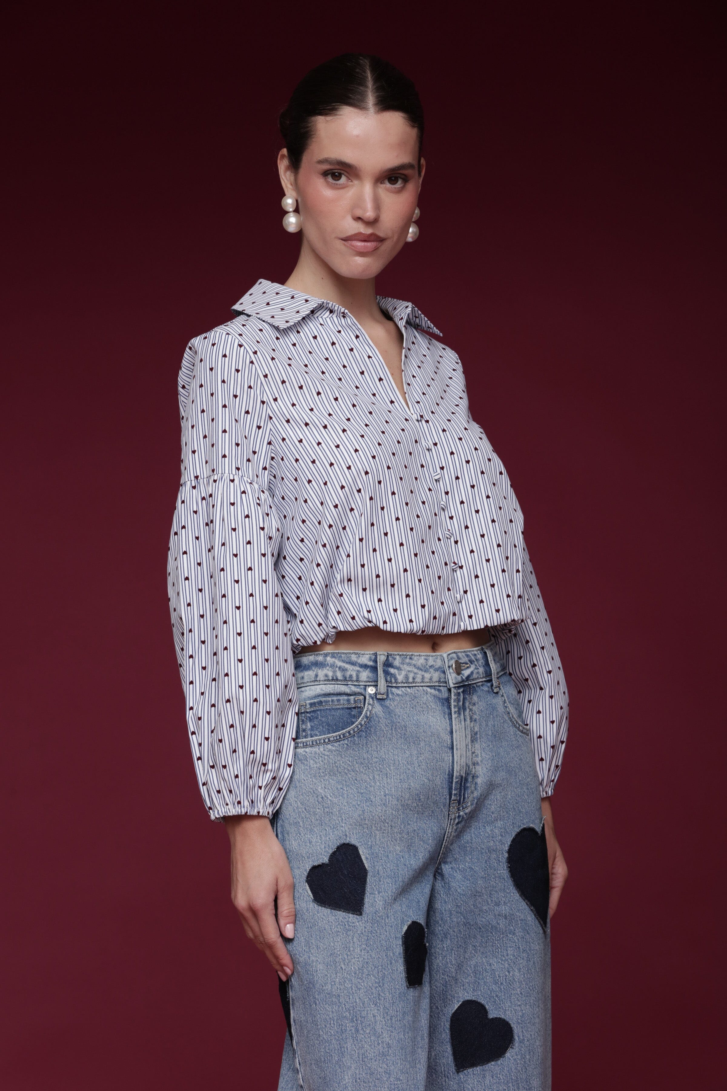 Heart and stripe print puff sleeve cropped blue shirt with point collar and full button placket - Shop designer women's shirts by Avec Les Filles