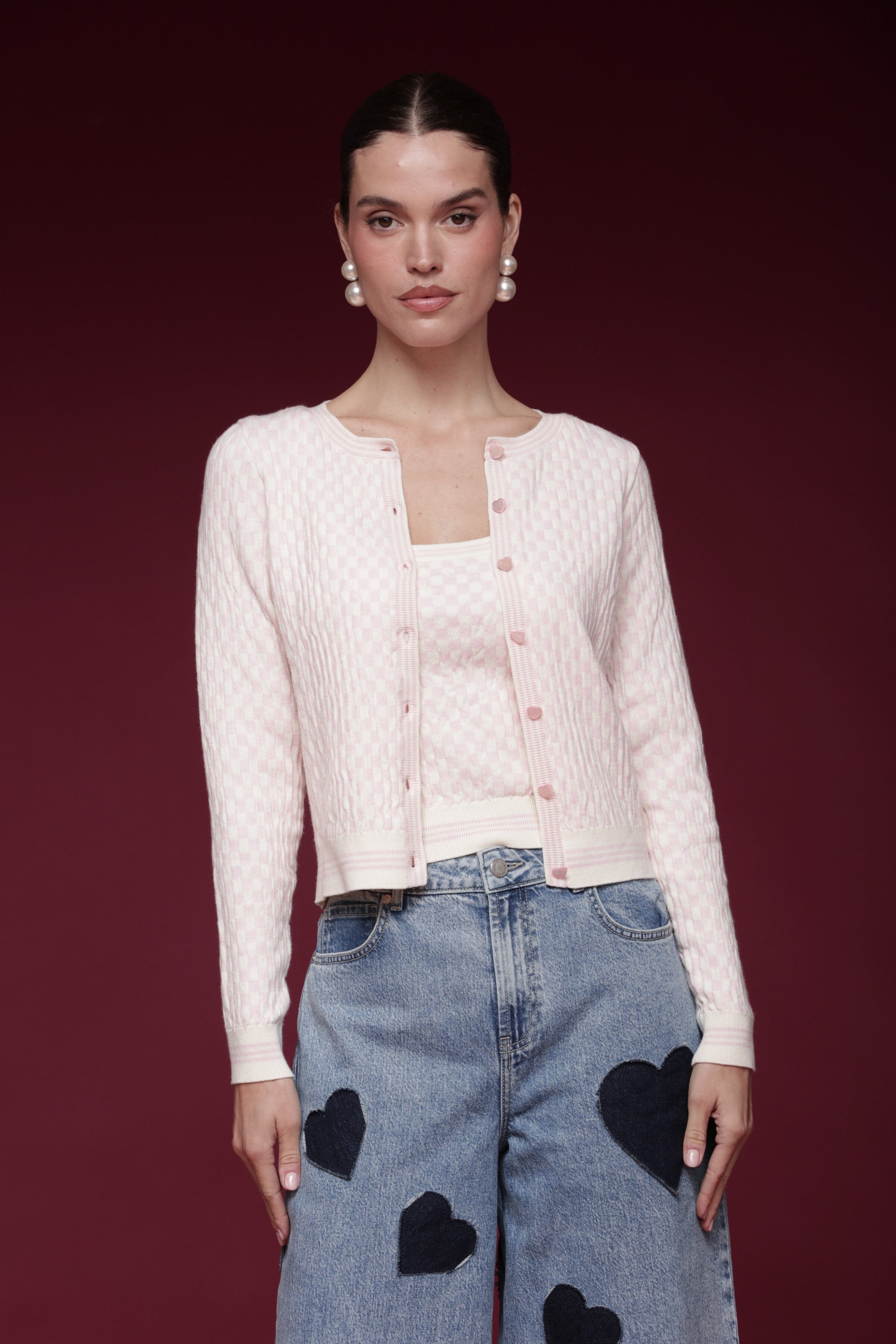 Checkered jacquard knit pink and white button-front cardigan & tank top set, with scoop-neck tank and long sleeves - Shop women's cardigans tops by Avec Les Filles