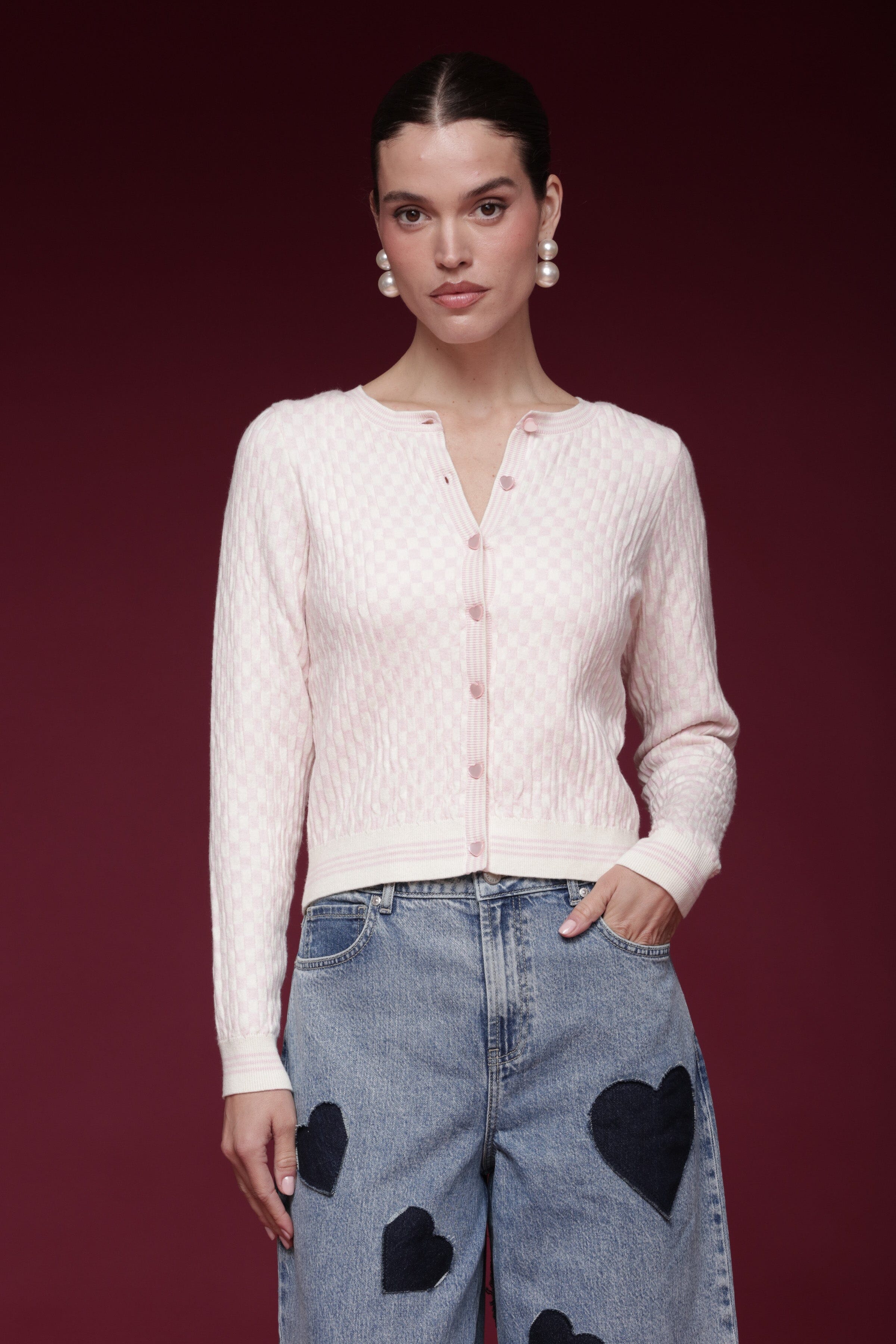 Checkered jacquard knit pink and white button-front cardigan & tank top set, with scoop-neck tank and long sleeves - Shop women's cardigans tops by Avec Les Filles