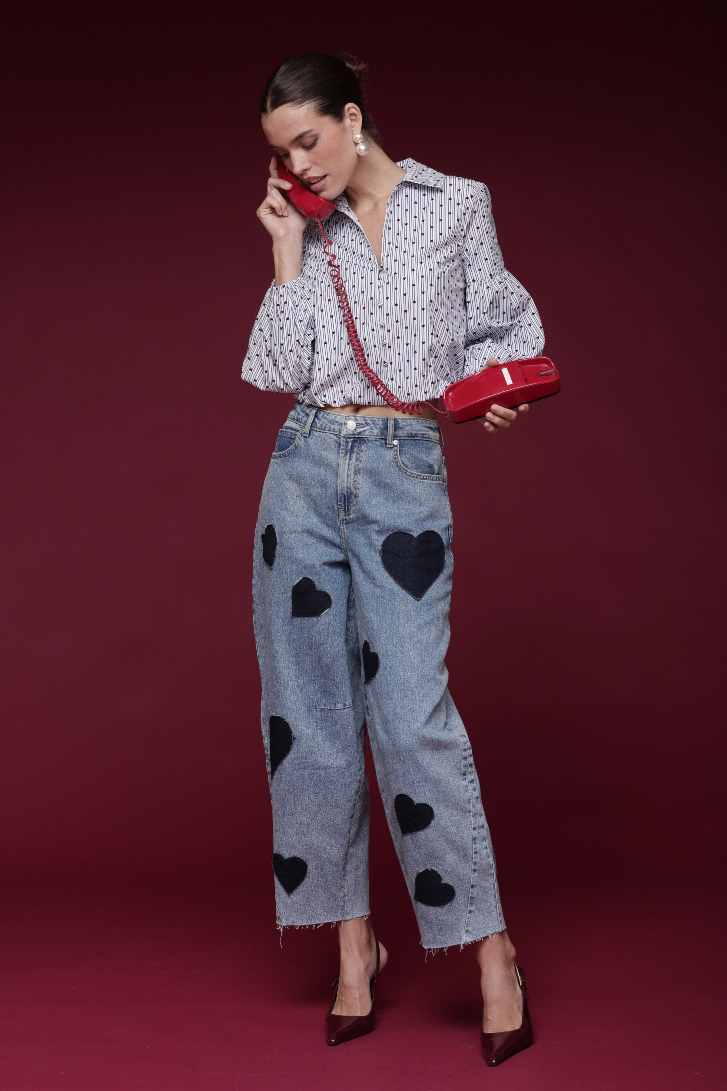 Heart patch barrel leg cotton denim blue jeans with a high-rise waist and classic five-pocket - Shop designer women's jeans pants by Avec Les Filles