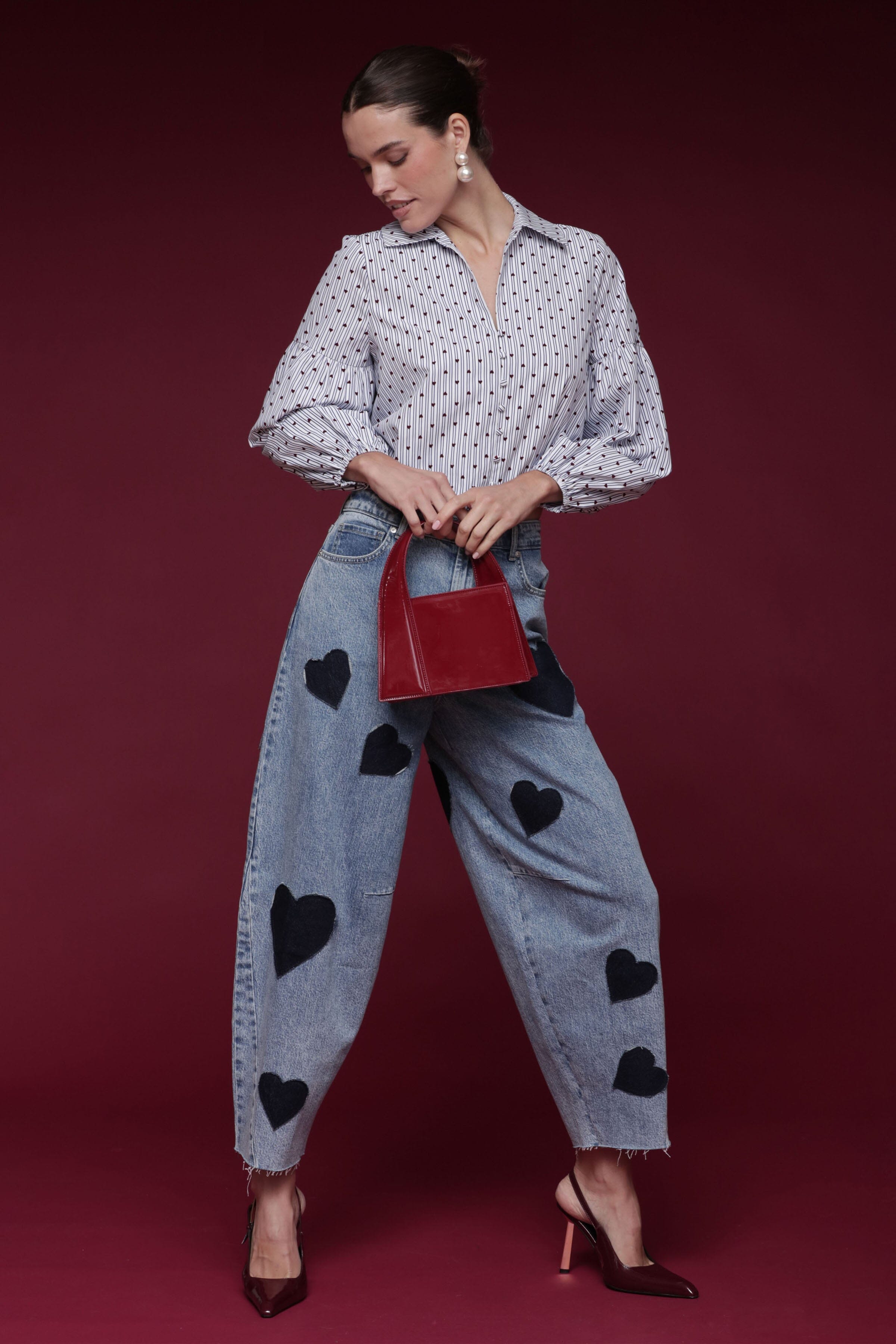 Heart patch barrel leg cotton denim blue jeans with a high-rise waist and classic five-pocket - Shop designer women's jeans pants by Avec Les Filles