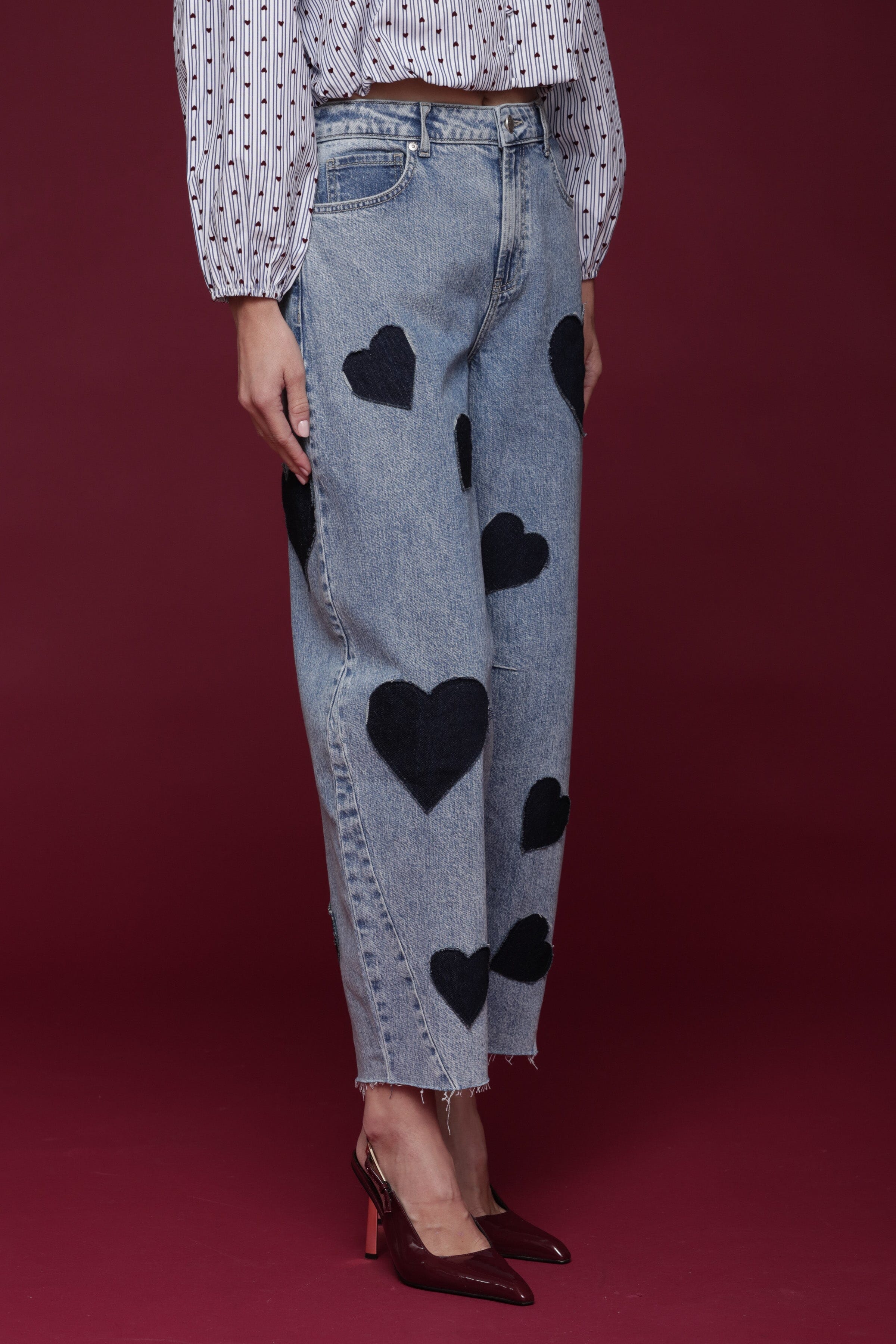 Heart patch barrel leg cotton denim blue jeans with a high-rise waist and classic five-pocket - Shop designer women's jeans pants by Avec Les Filles