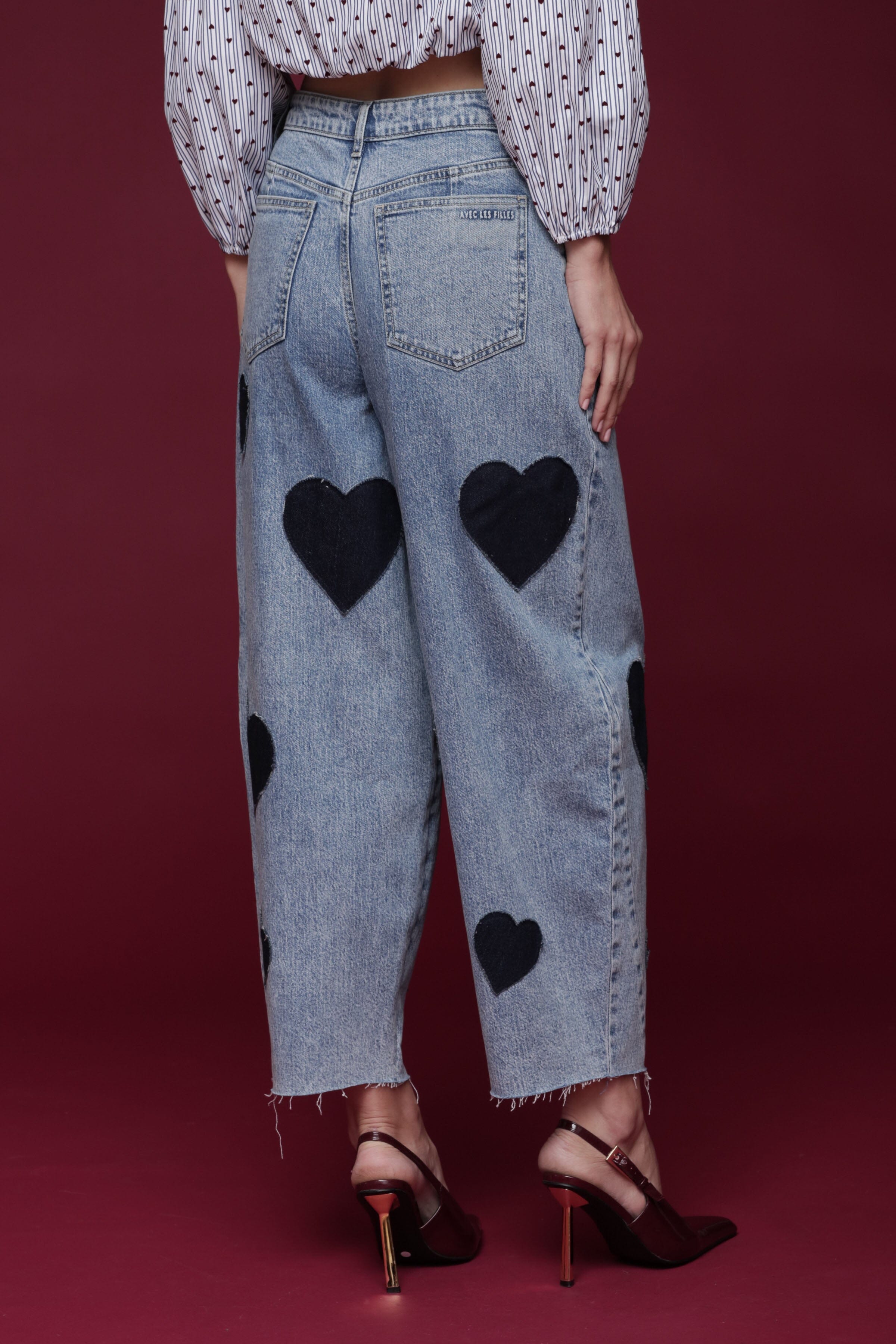 Heart patch barrel leg cotton denim blue jeans with a high-rise waist and classic five-pocket - Shop designer women's jeans pants by Avec Les Filles