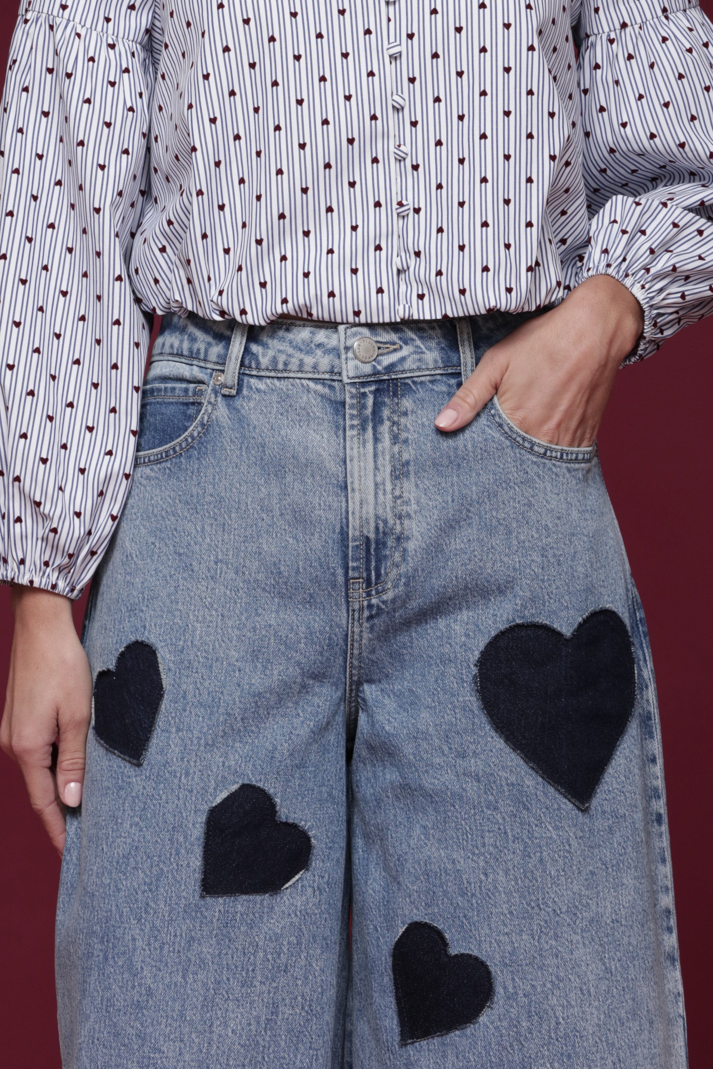 Heart patch barrel leg cotton denim blue jeans with a high-rise waist and classic five-pocket - Shop designer women's jeans pants by Avec Les Filles