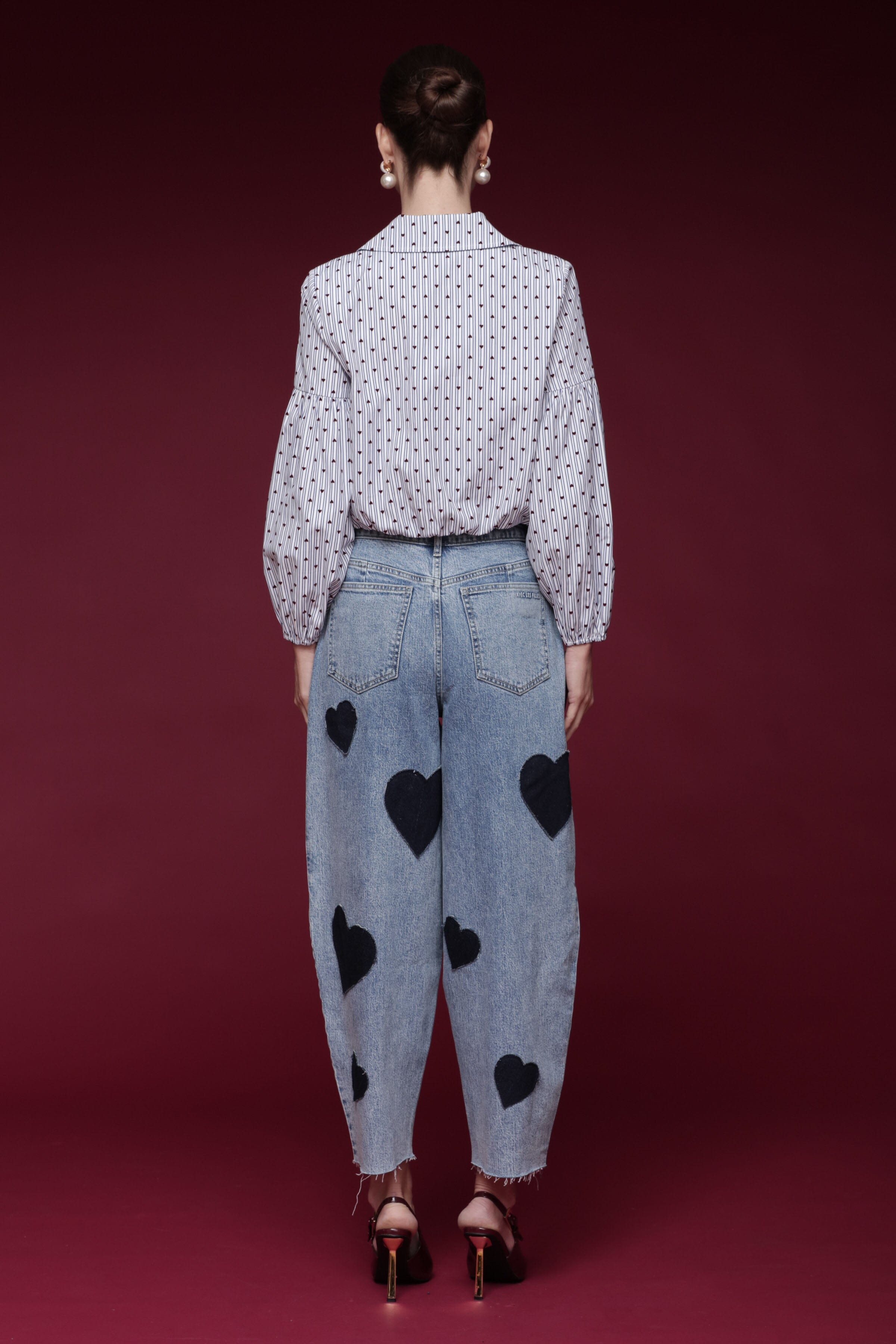 Heart patch barrel leg cotton denim blue jeans with a high-rise waist and classic five-pocket - Shop designer women's jeans pants by Avec Les Filles