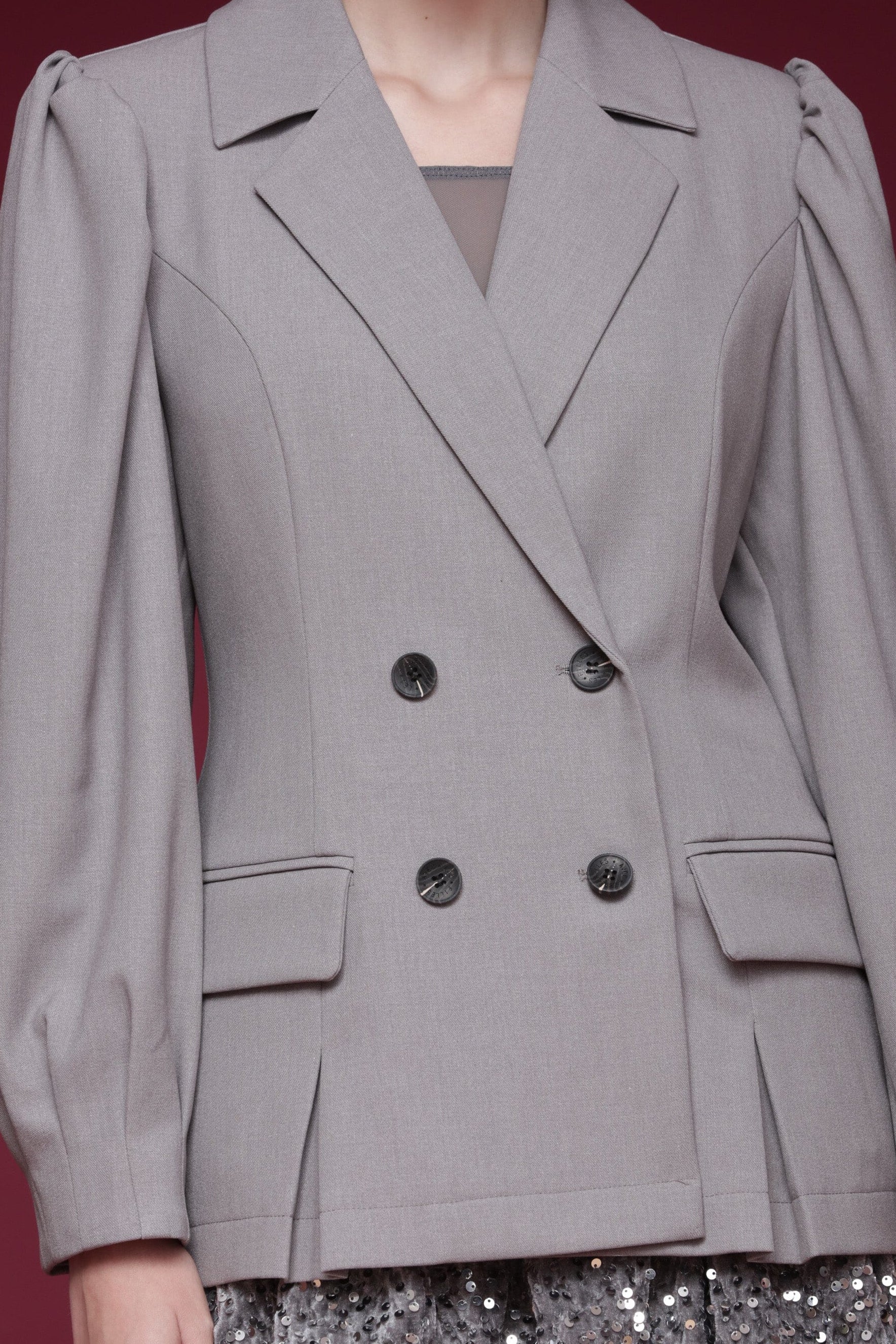 Double-breasted light grey blazer jacket featuring on-trend puff sleeves and a modern oversized fit - Shop designer women’s blazers by Avec Les Filles