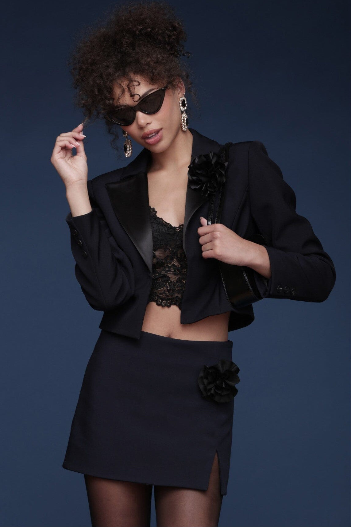 Rosette trim navy and black cropped blazer with long sleeves, front closure and a detachable detail - Shop designer women's blazers by Avec Les Filles