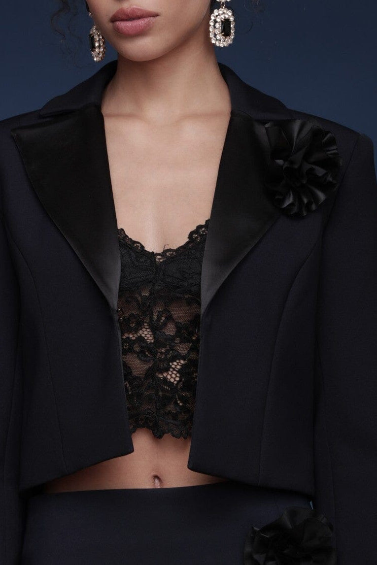 Rosette trim navy and black cropped blazer with long sleeves, front closure and a detachable detail - Shop designer women's blazers by Avec Les Filles