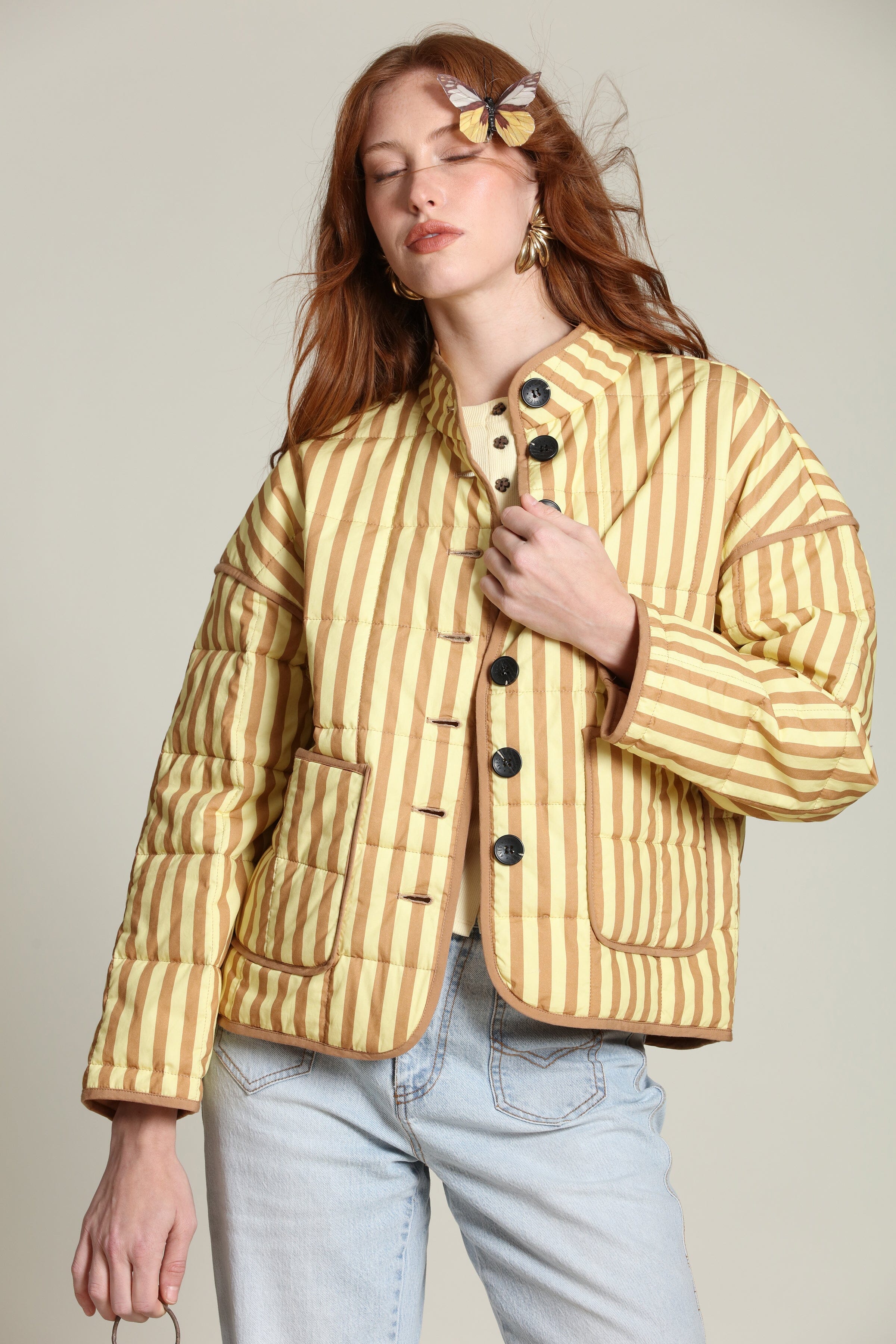 Yellow cotton-blend quilted jacket with beige stripes and a button front - Shop women’s cute jackets by Avec Les Filles
