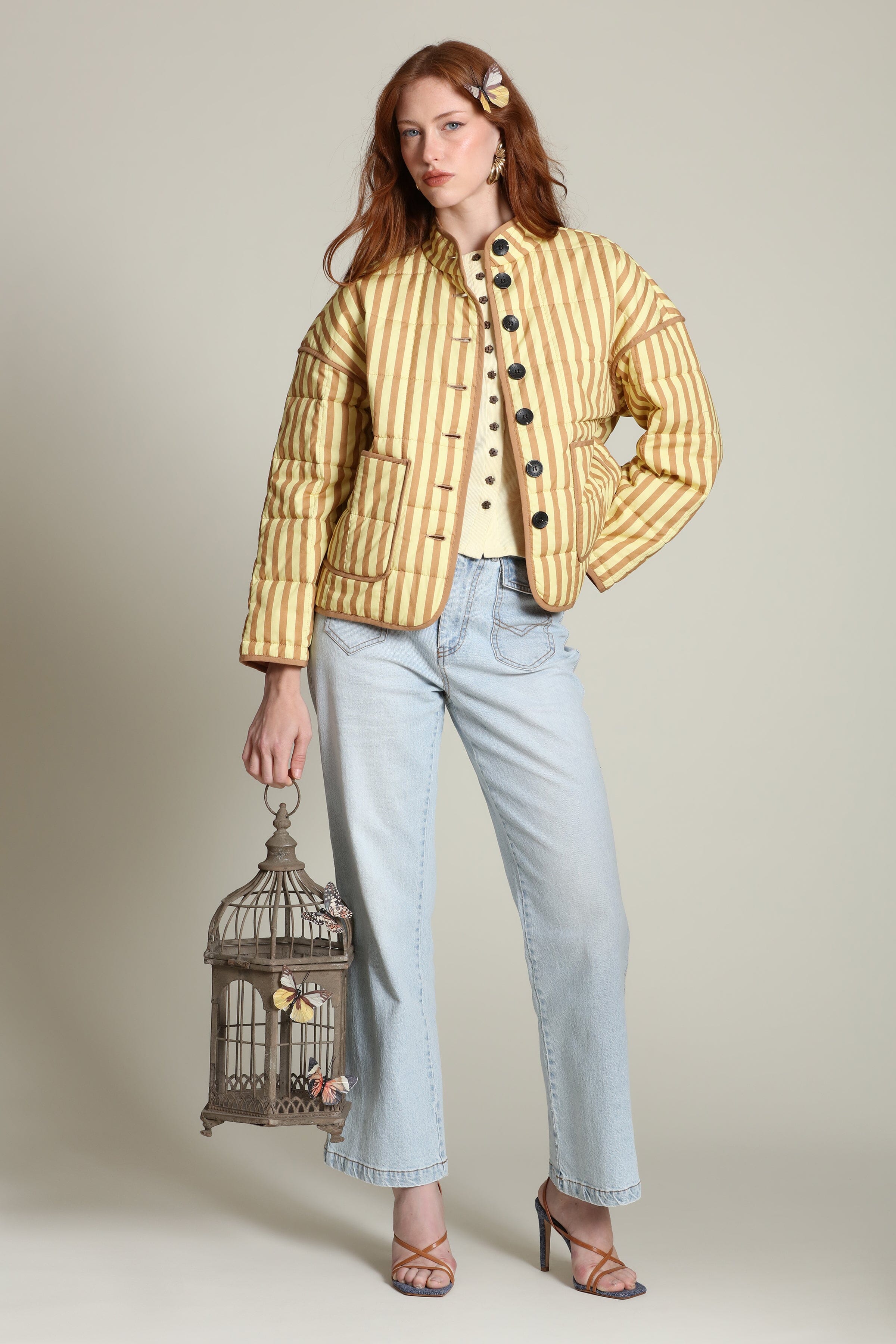 Yellow cotton-blend quilted jacket with beige stripes and a button front - Cute women’s jackets by Avec Les Filles