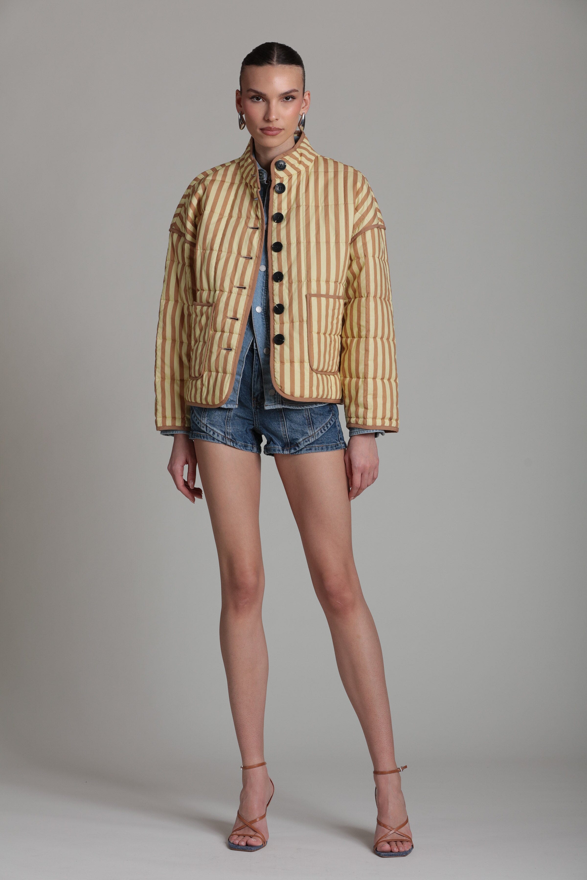 Yellow quilted jacket with beige stripes and a button front - Shop women’s jackets by Avec Les Filles