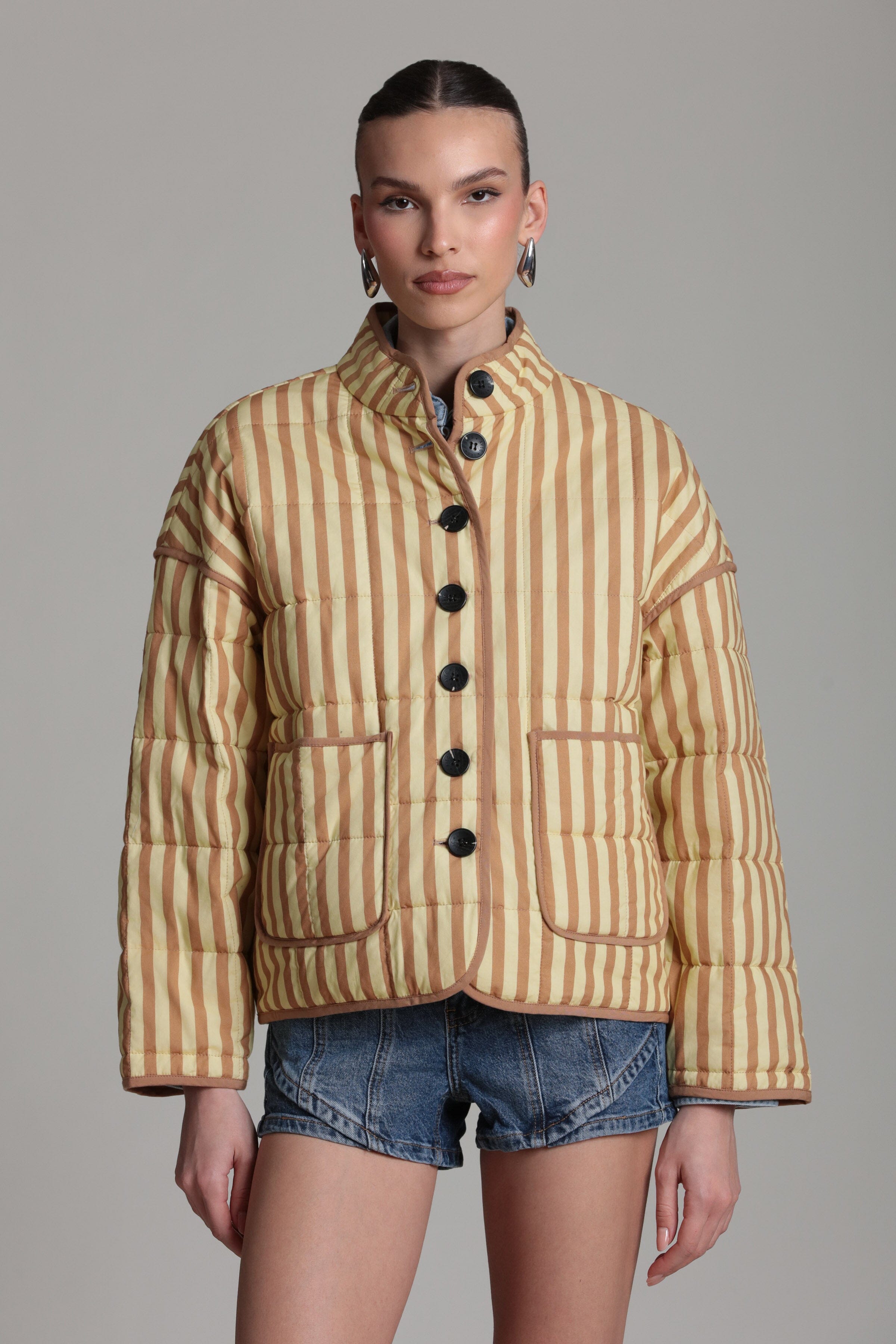 Yellow quilted jacket with beige stripes and a button front - Shop women’s cute jackets by Avec Les Filles