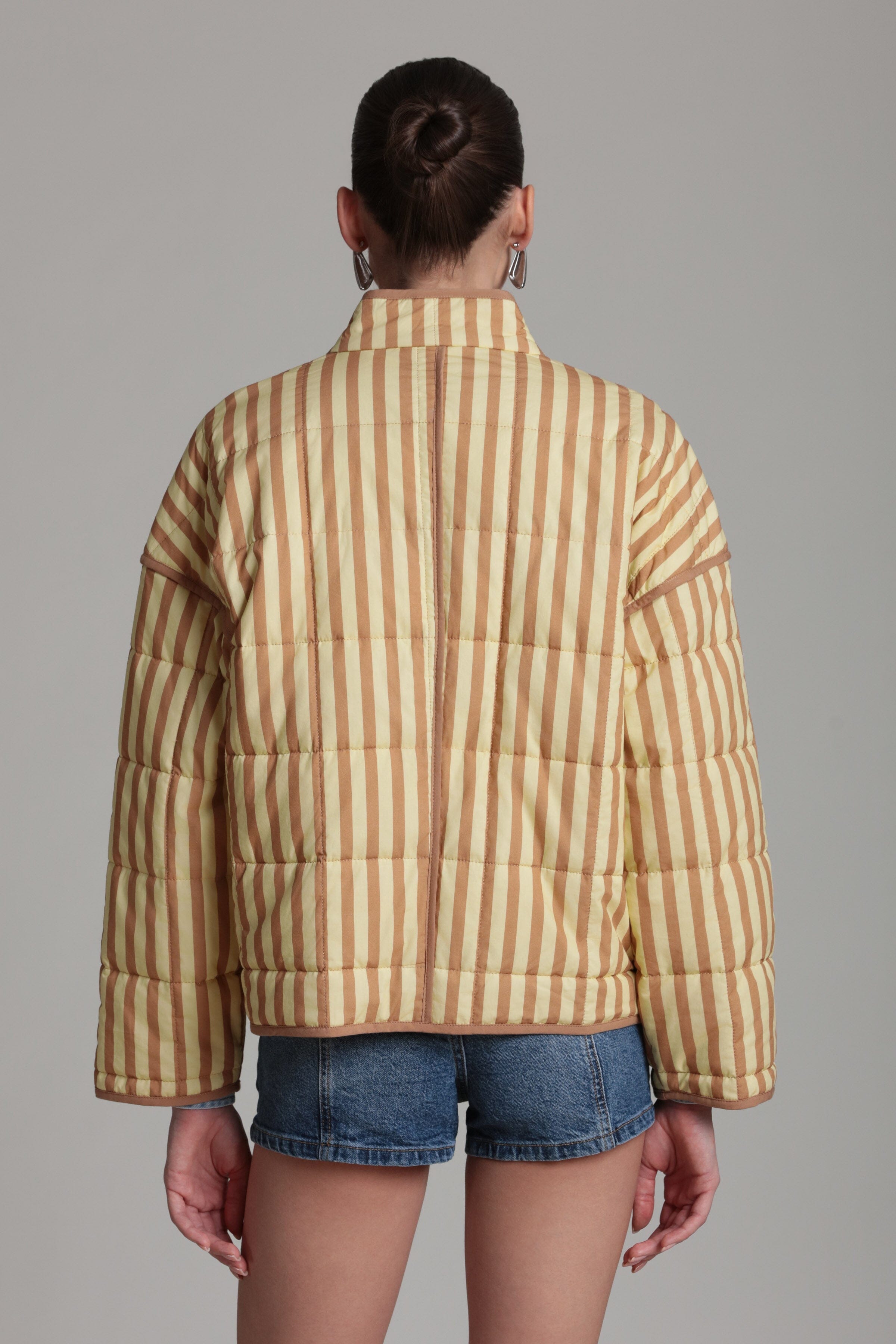Yellow cotton-blend quilted jacket with beige stripes - Shop women’s cute jackets by Avec Les Filles