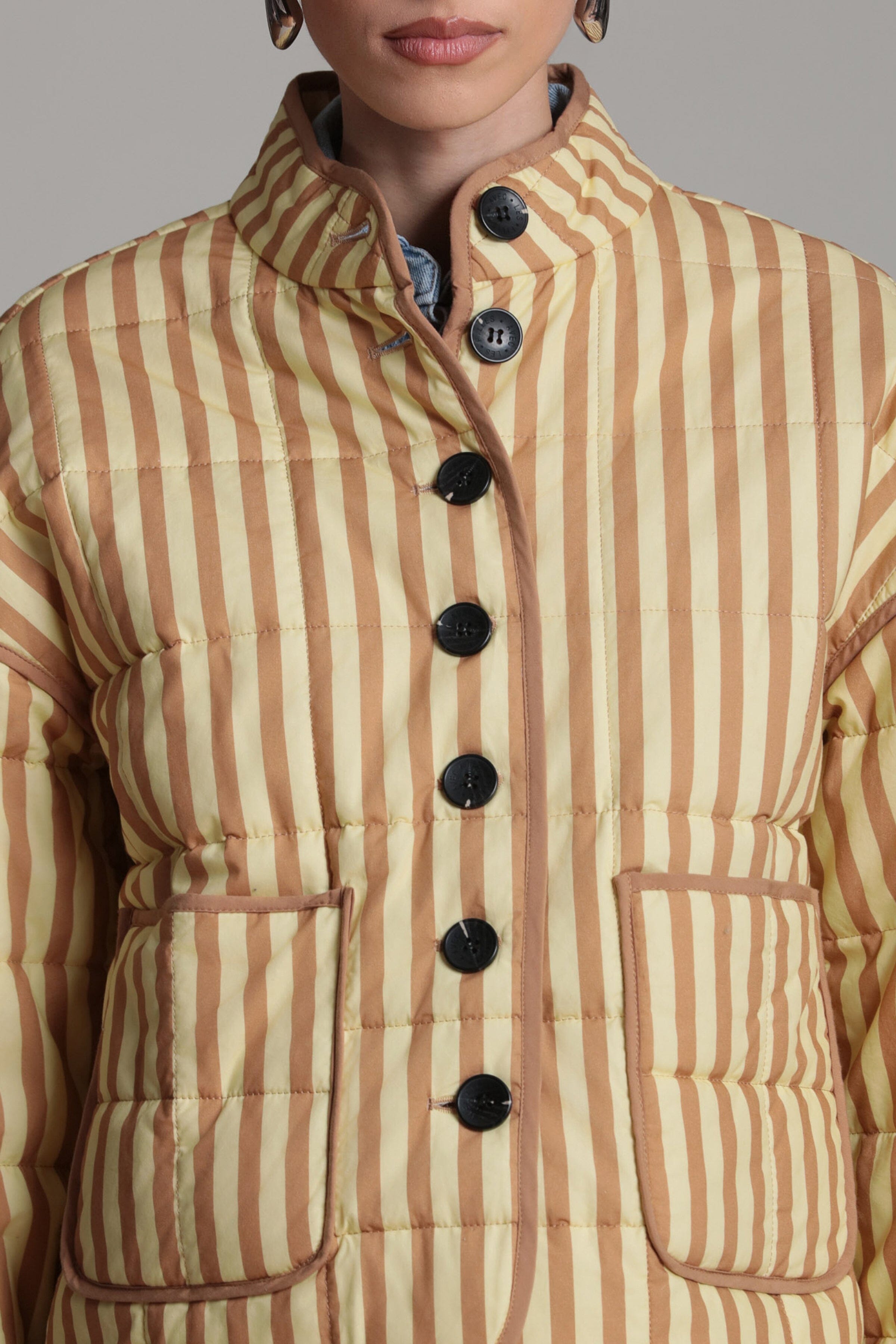 Yellow quilted jacket with beige stripes and a button front - Shop women’s cute jackets by Avec Les Filles