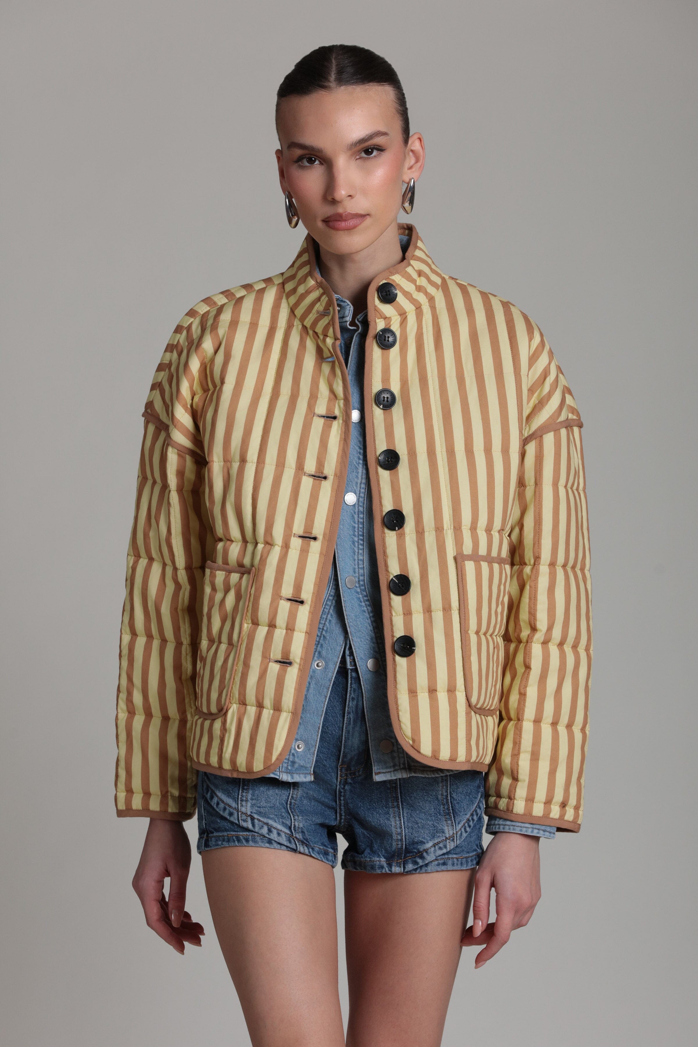 Yellow button front quilted jacket with beige stripes - Shop women’s cute jackets by Avec Les Filles