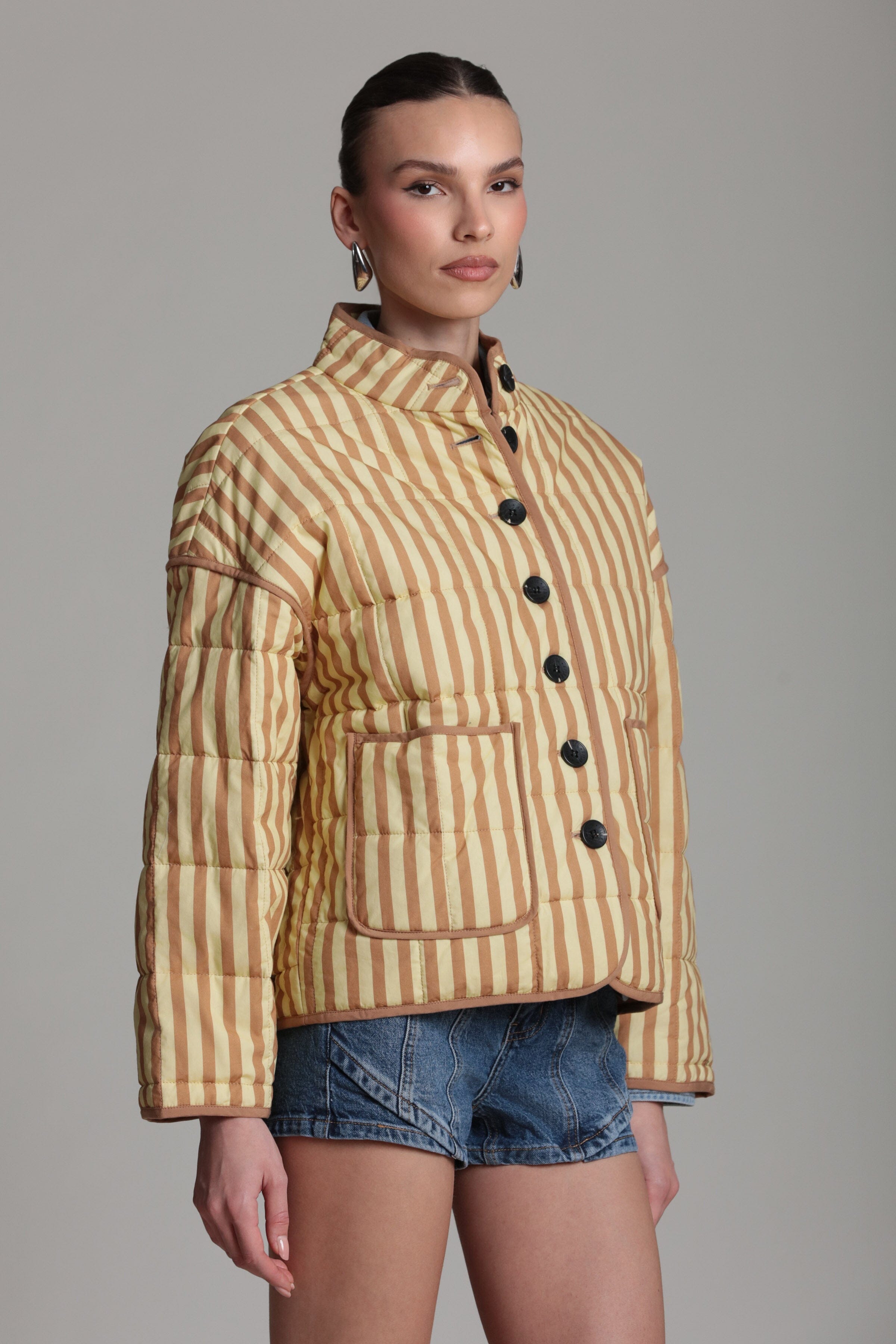 Yellow quilted jacket with beige stripes and button front - Shop women’s designer jackets by Avec Les Filles