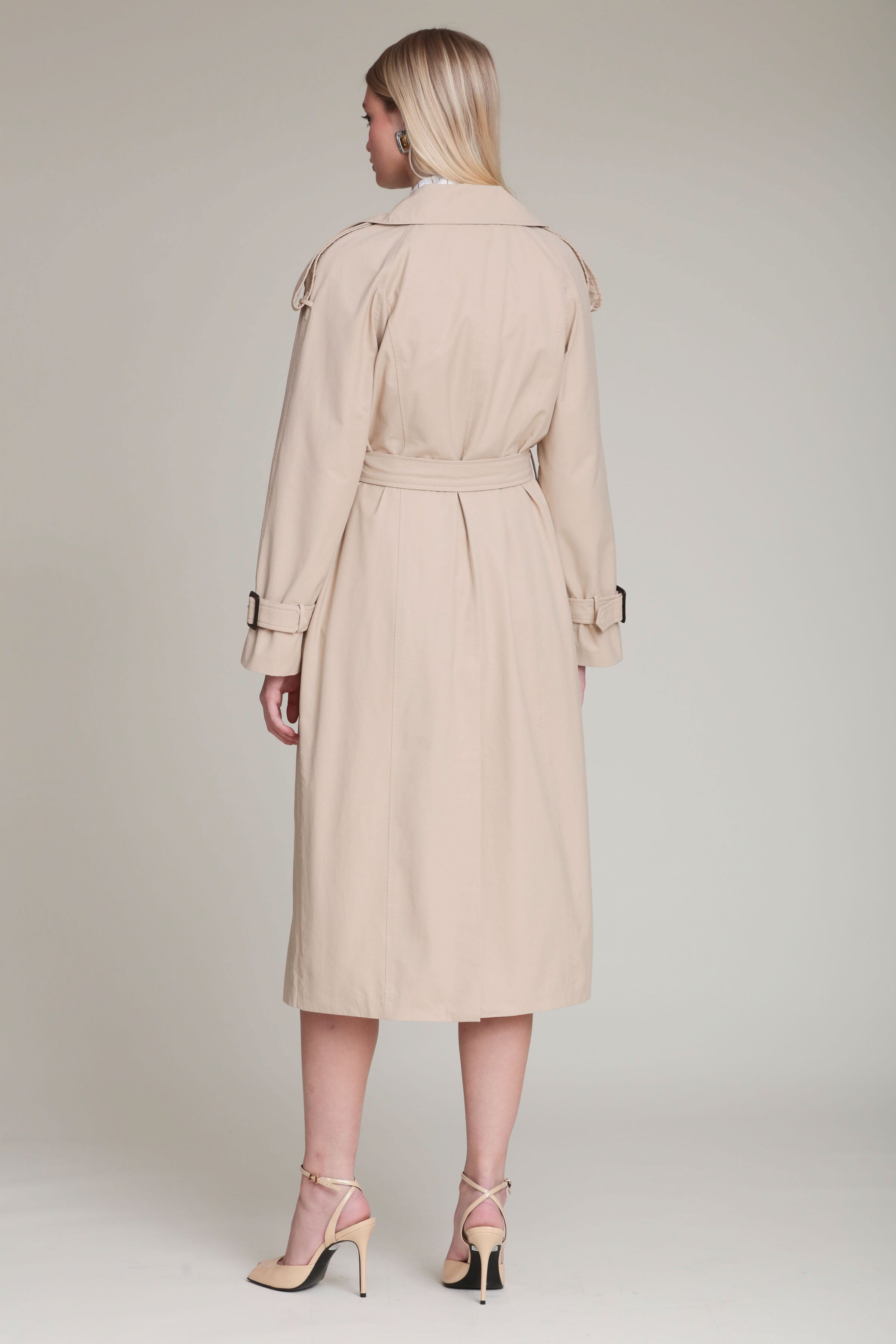 Cotton nylon double-breasted front beige maxi trench coat with long sleeves and adjustable buckle cuffs - Shop women's maxi trench coats by Avec Les Filles
