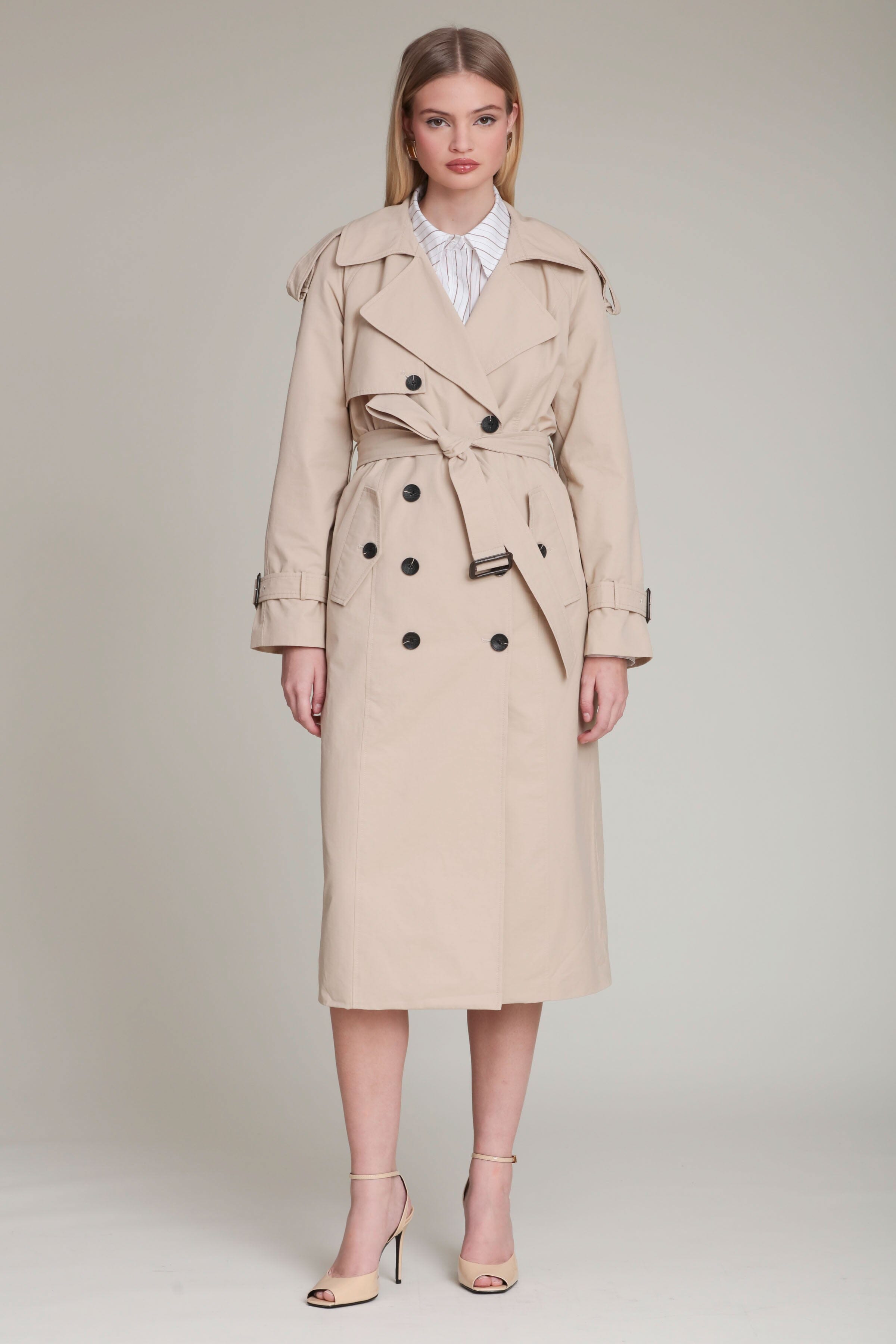 Cotton nylon double-breasted front beige maxi trench coat with long sleeves and adjustable buckle cuffs - Shop women's maxi trench coats by Avec Les Filles