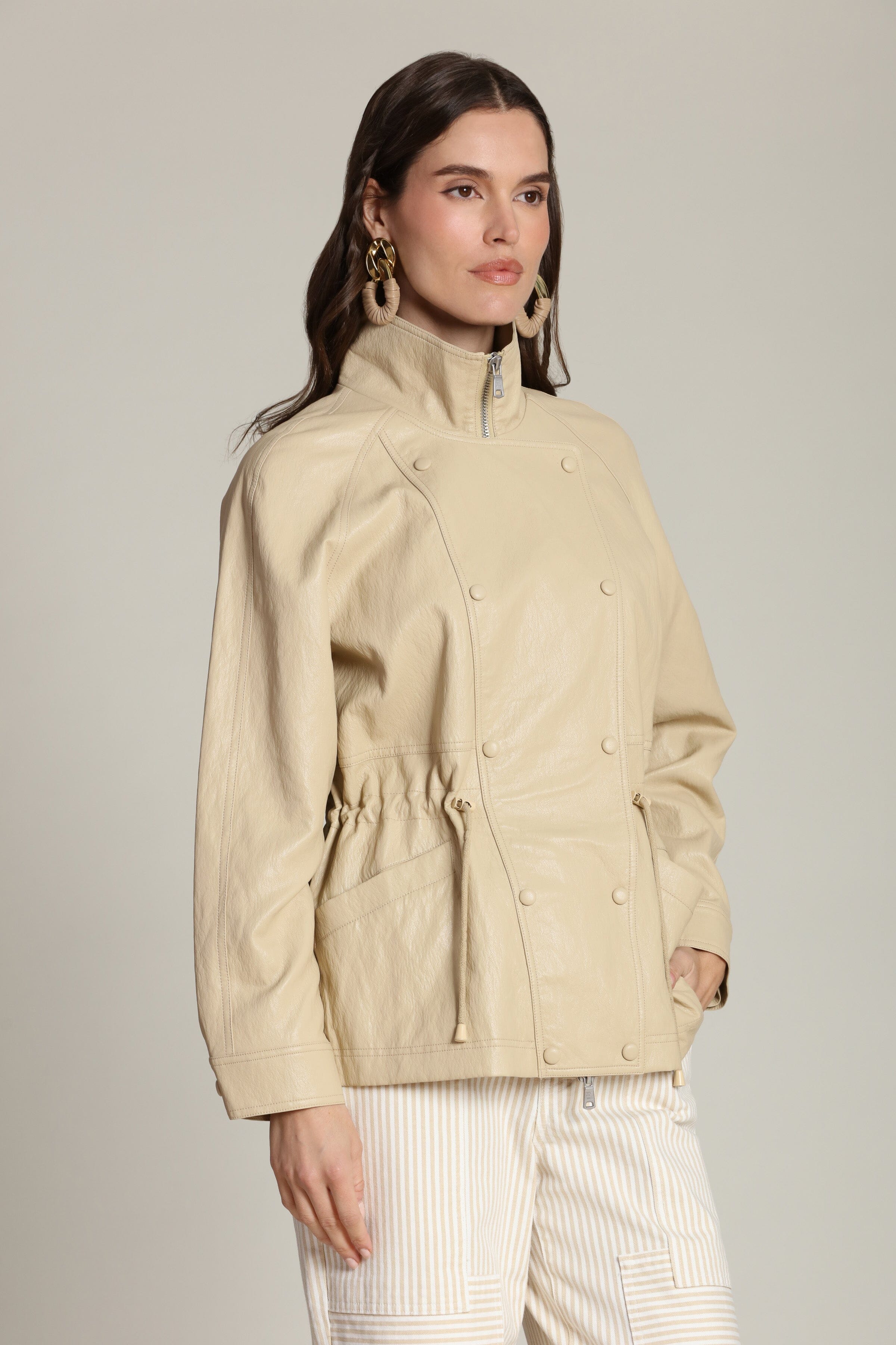 Tan faux leather parka jacket for women with a drawstring - Shop women's cute parka jackets by Avec Les Filles
