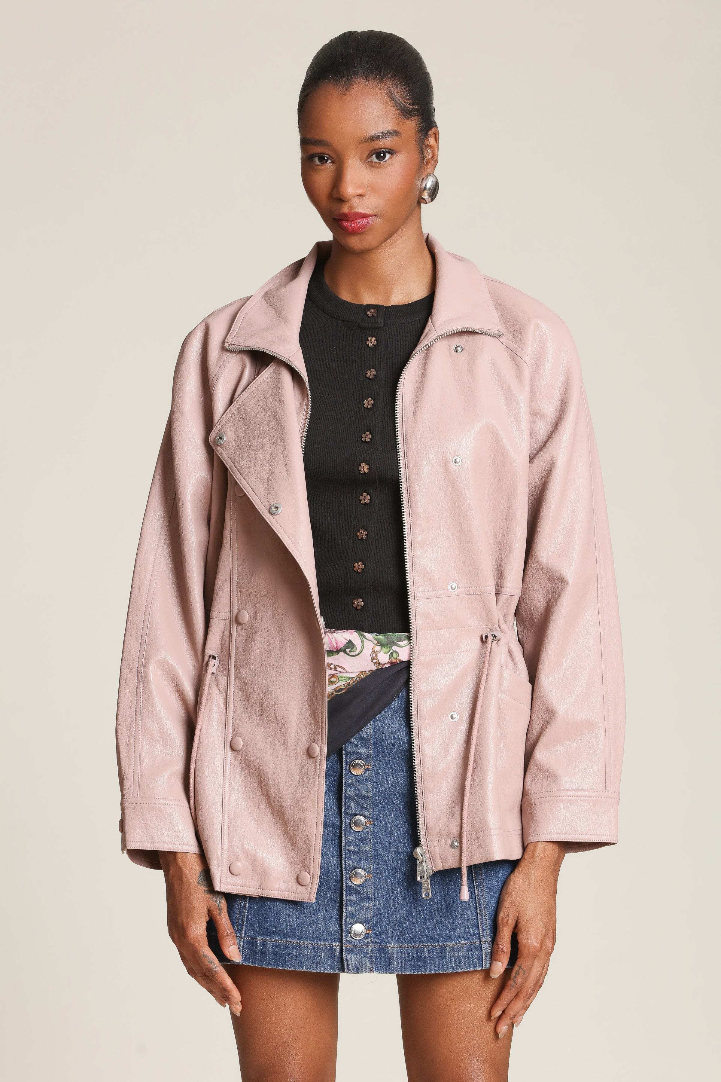 Pink faux leather women anorak jacket with snap-front - Shop designer parka jackets by Avec Les Filles