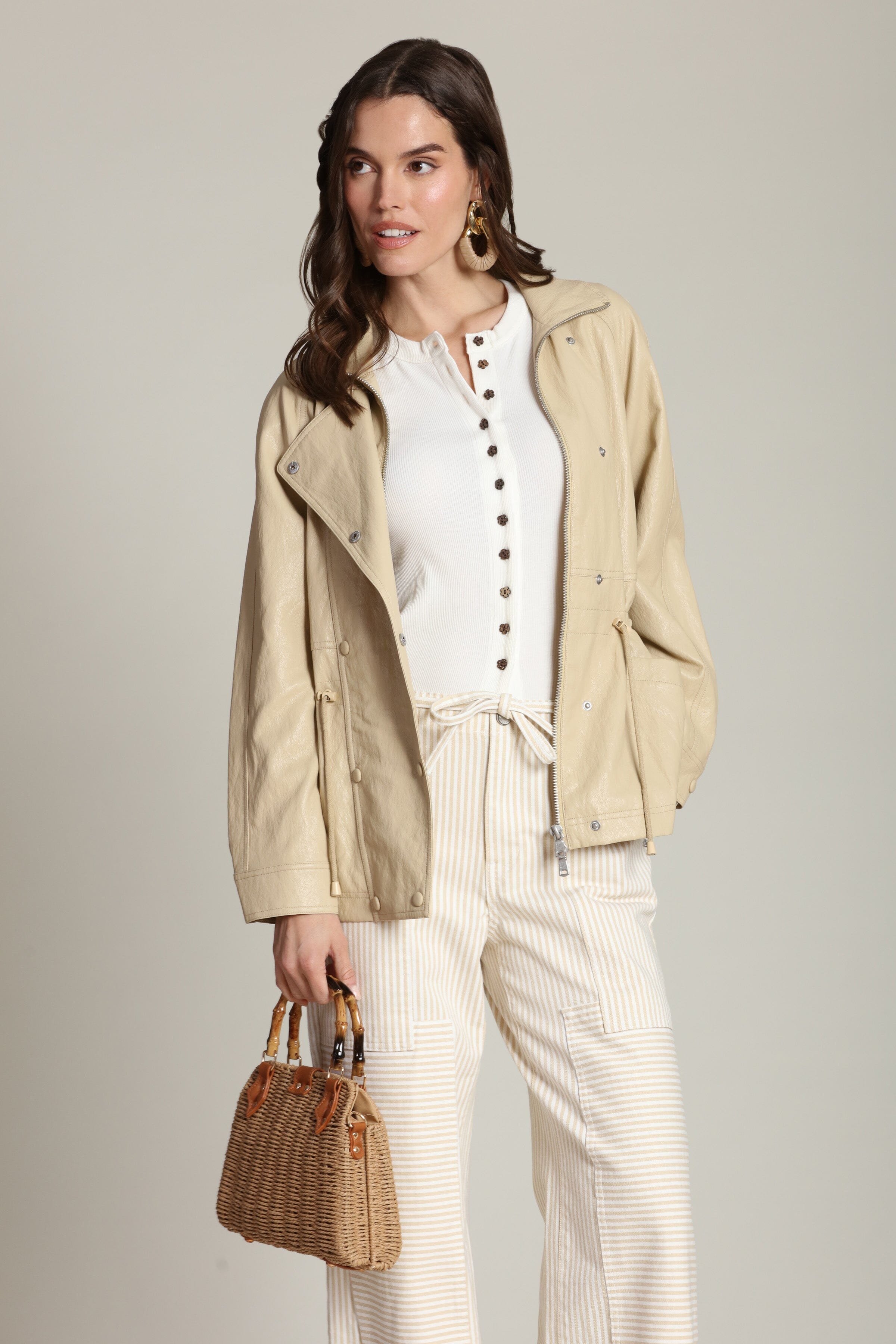 Beige faux leather anorak jacket with an adjustable drawstring - Shop women's parka jackets by Avec Les Filles