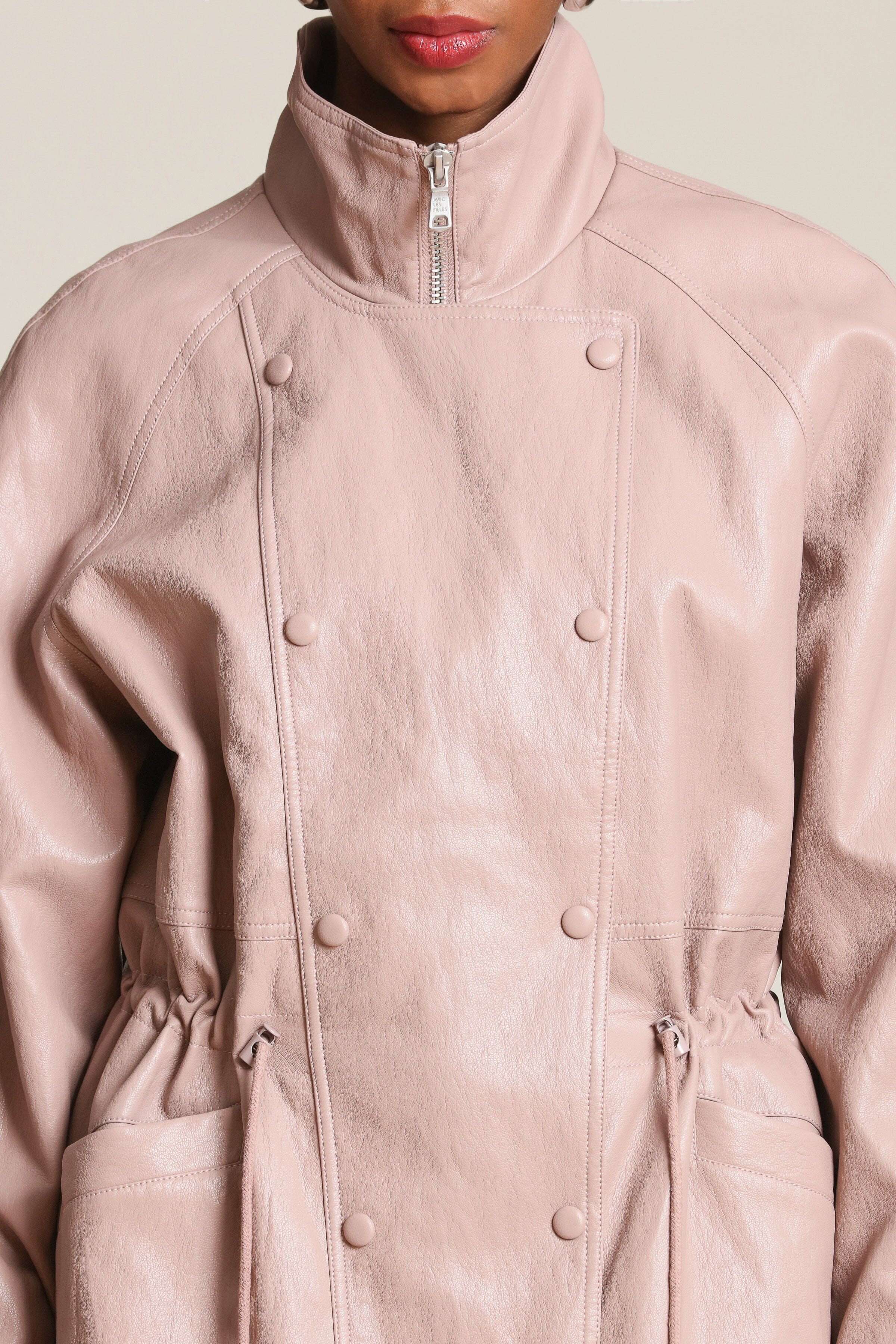 Pink faux leather anorak jacket with a stand collar and zip-front - Shop women's parka jackets by Avec Les Filles