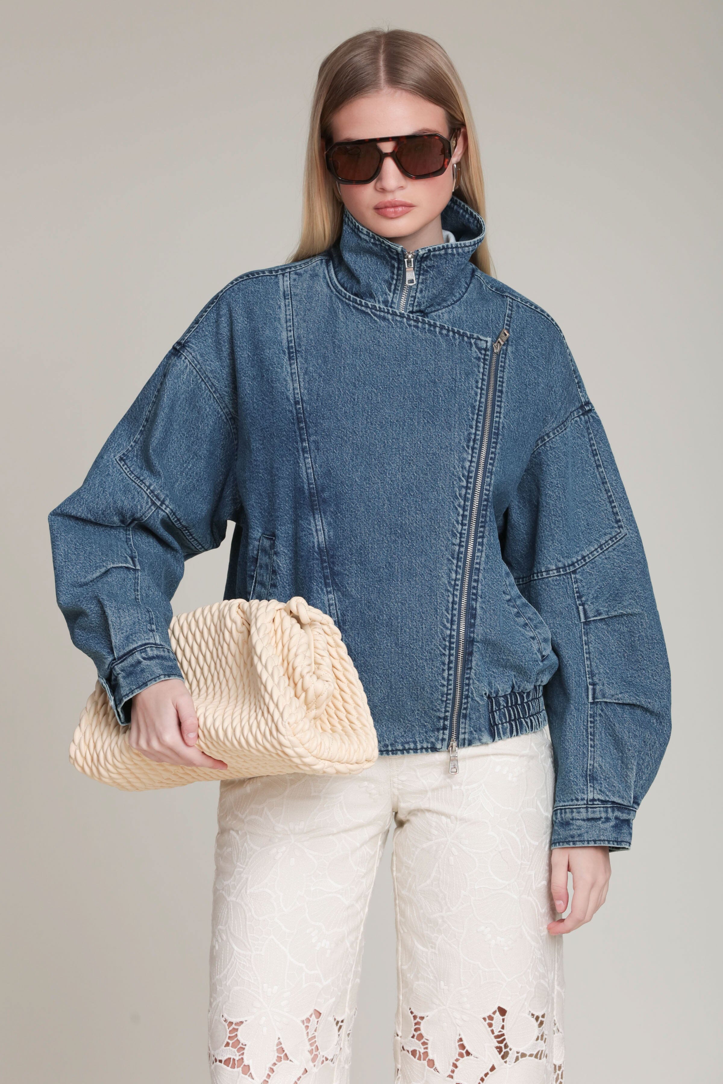 Asymmetric indigo blue denim bomber jacket in cotton blend with long sleeves and a zip-up front by Avec Les Filles