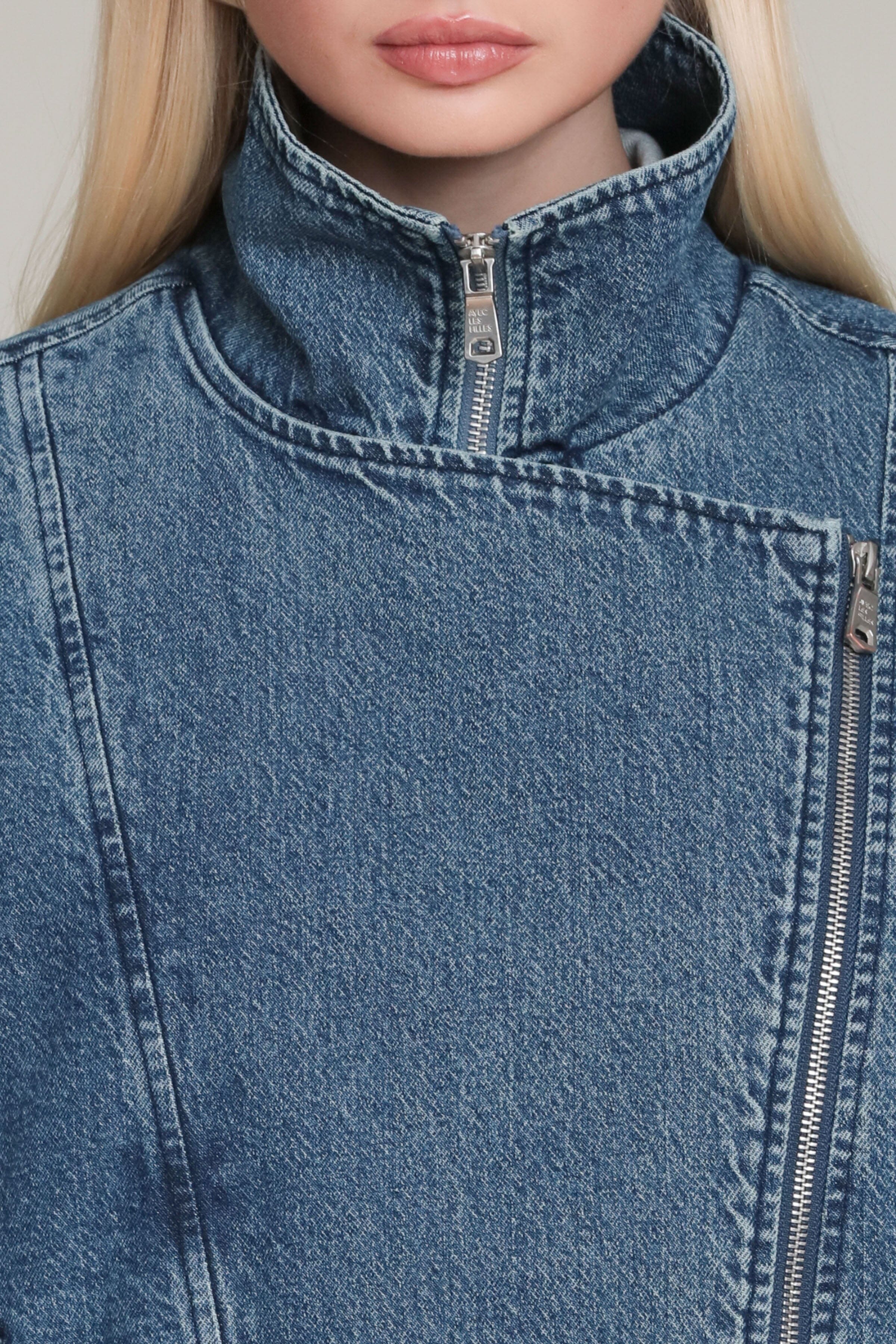 Asymmetric indigo blue denim bomber jacket in cotton blend with zip-up front - Shop women's jackets by Avec Les Filles
