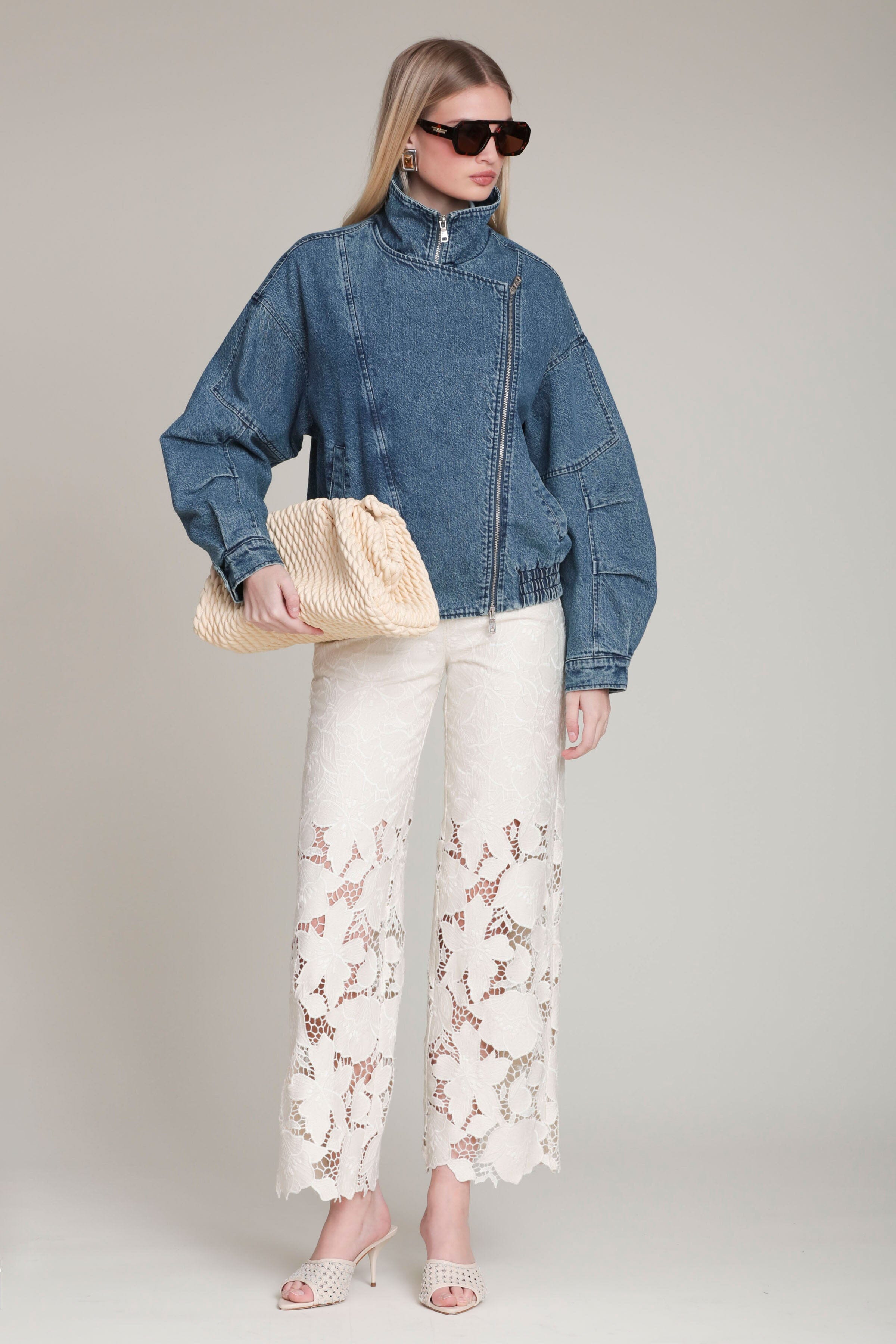 Asymmetric indigo blue denim bomber jacket in cotton blend with long sleeves - Shop women's jackets by Avec Les Filles