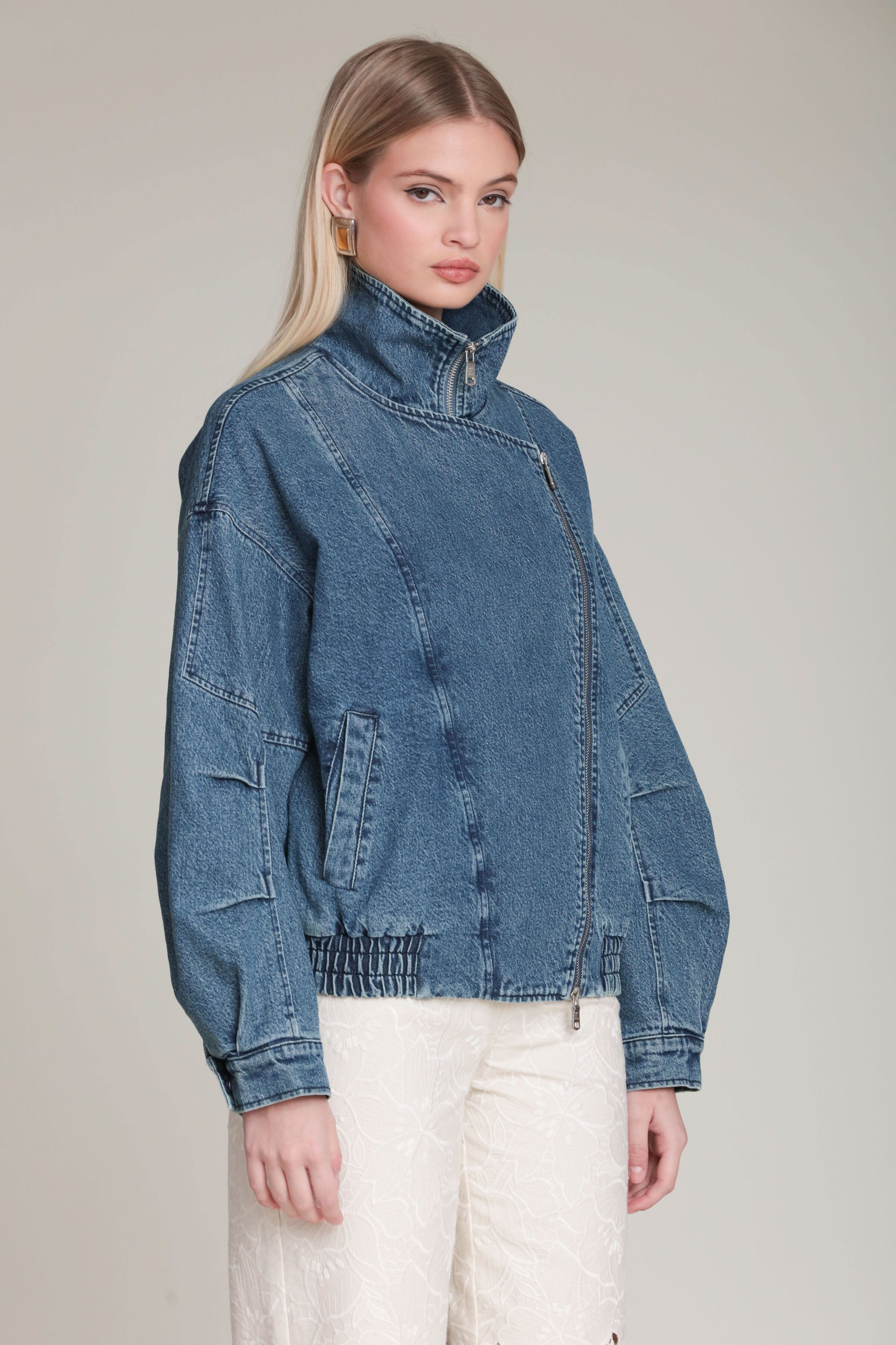 Asymmetric indigo blue denim bomber jacket with long sleeves - Shop designer women's cute jackets by Avec Les Filles