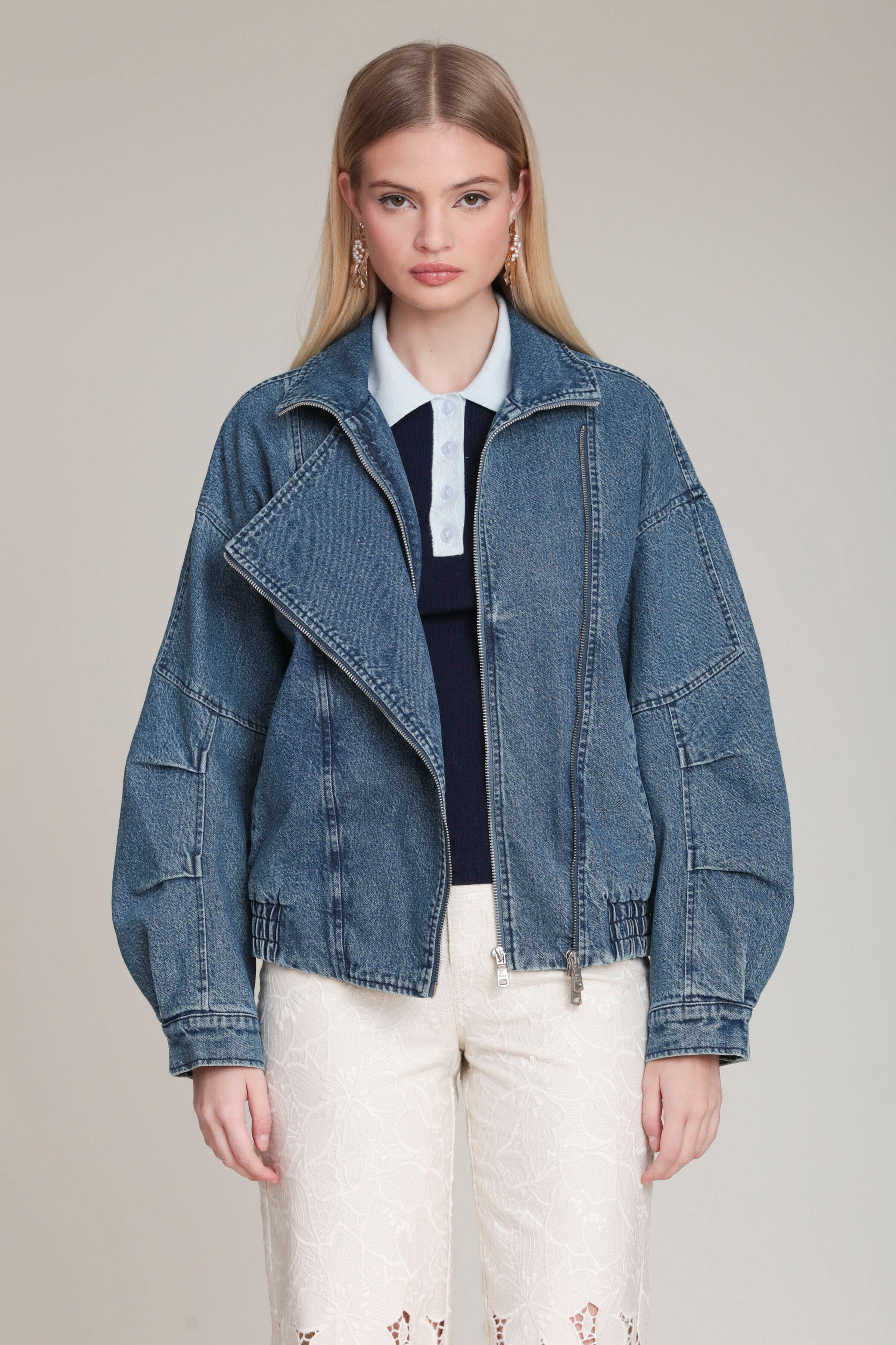 Asymmetric indigo blue denim bomber jacket with long sleeves and a zip-up front - Women's cute jackets by Avec Les Filles