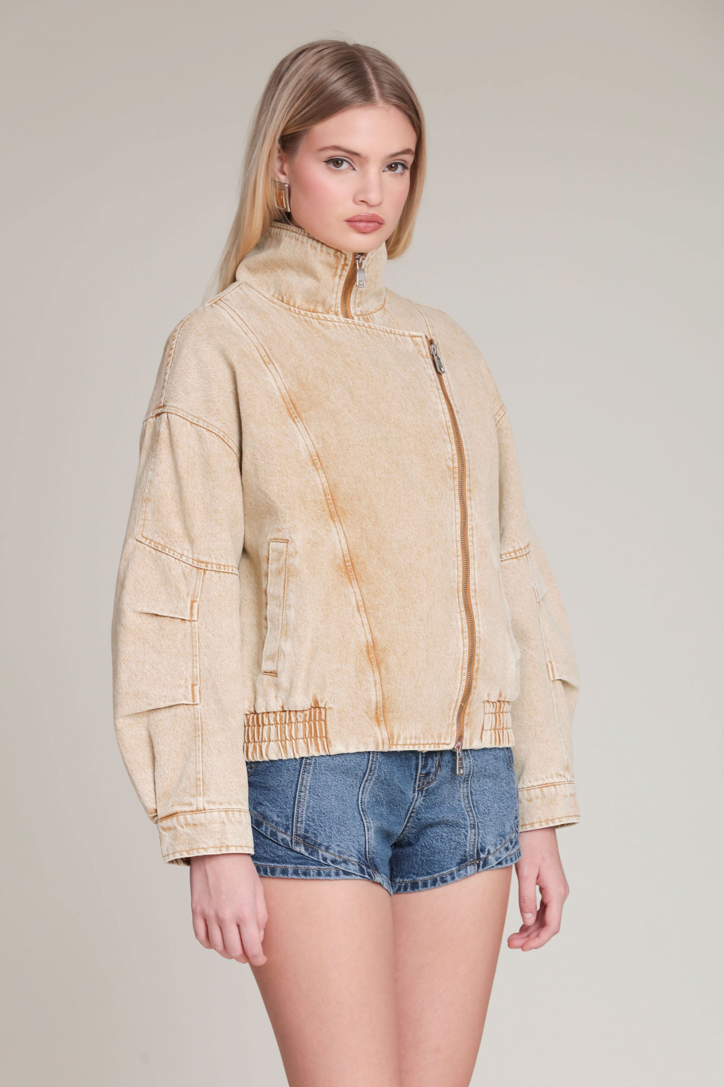 Asymmetric khaki denim bomber jacket with long sleeves - Shop designer women's cute jackets by Avec Les Filles