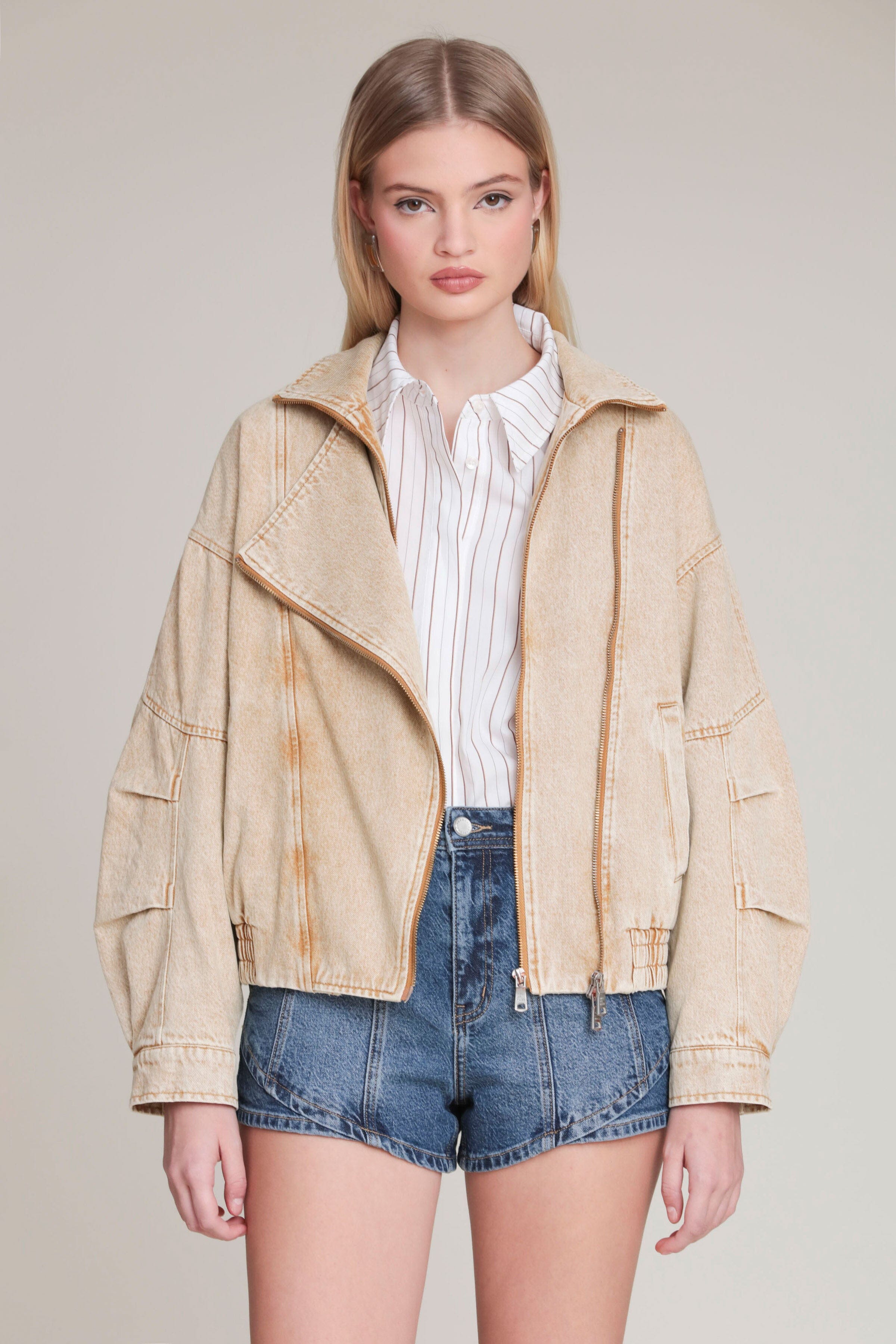 Asymmetric khaki denim bomber jacket with long sleeves and a zip-up front - Women's cute jackets by Avec Les Filles