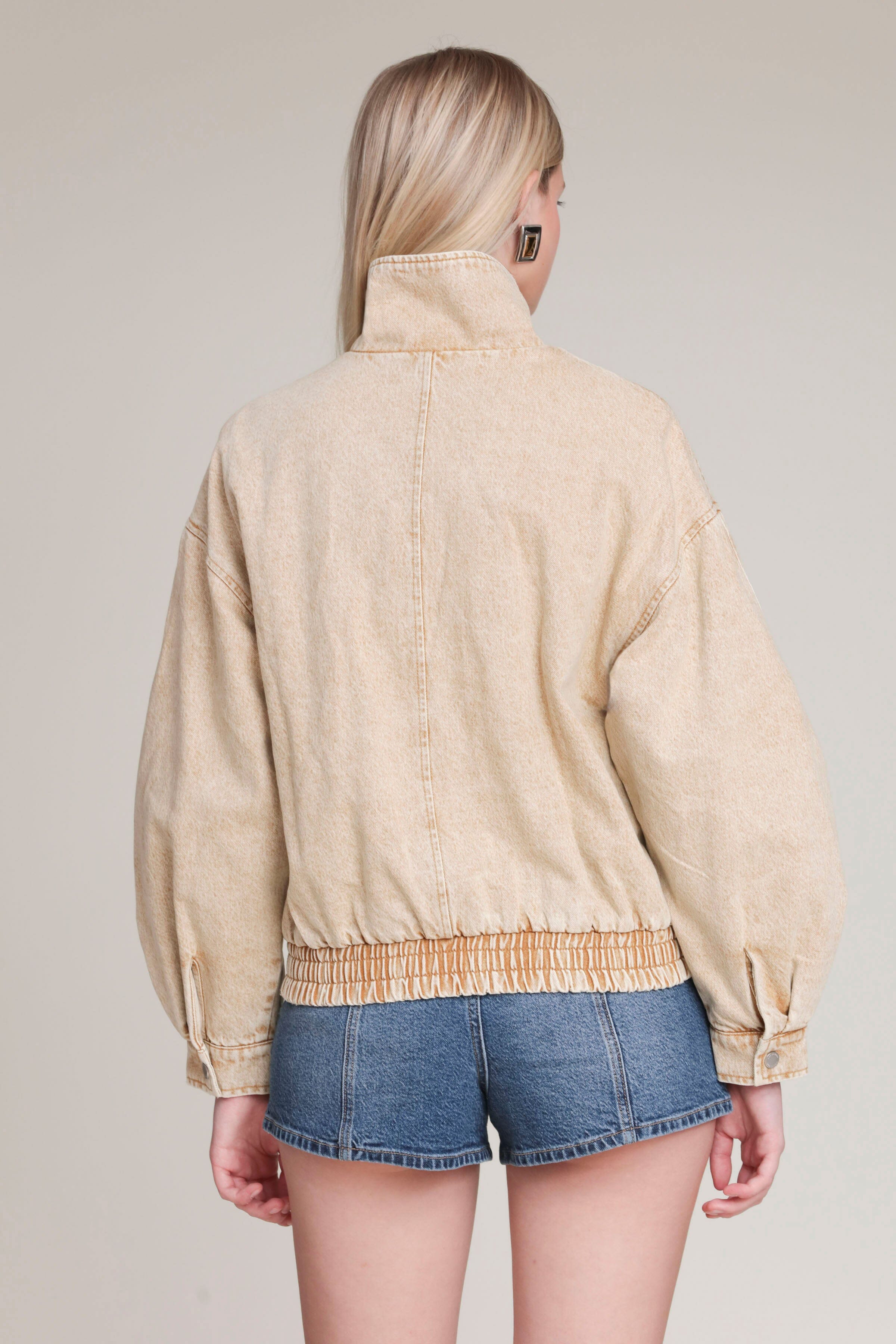 Khaki denim bomber jacket in cotton blend with long sleeves - Shop designer women's cute jackets by Avec Les Filles