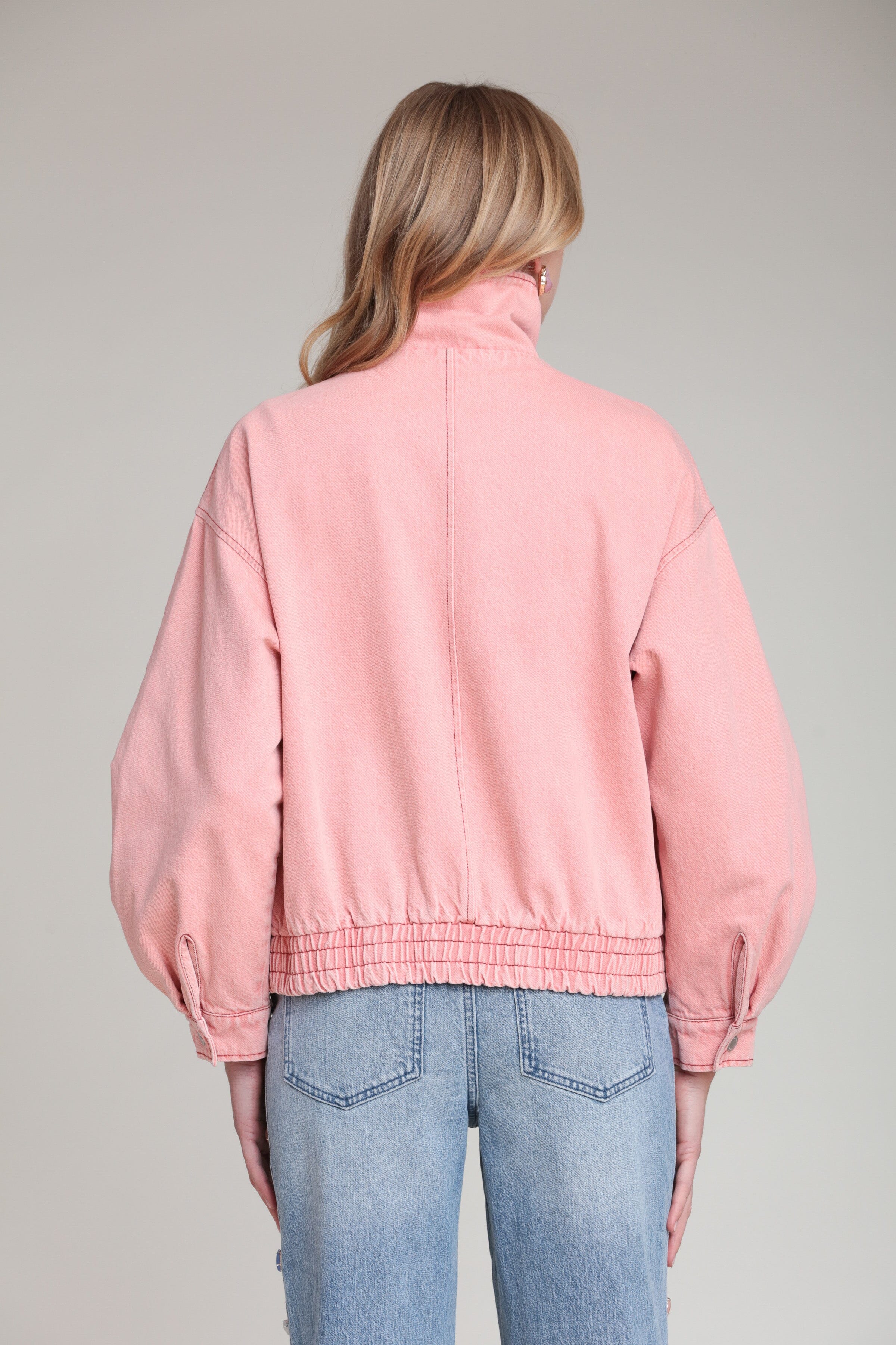 Pink denim bomber jacket in cotton blend with long sleeves - Shop designer women's cute jackets by Avec Les Filles