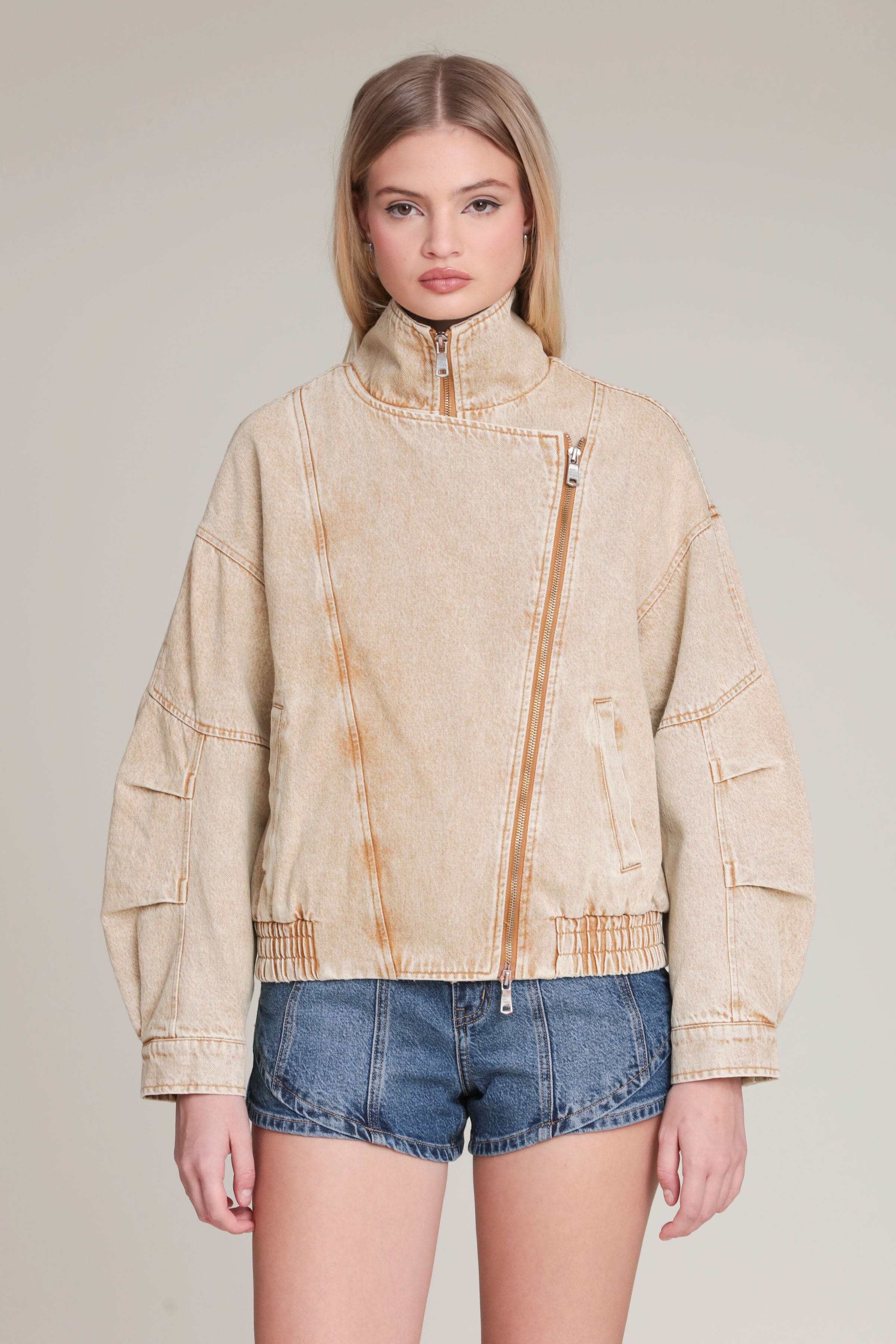 Khaki denim bomber jacket in cotton blend with long sleeves and zip-up front - Shop cute jackets by Avec Les Filles