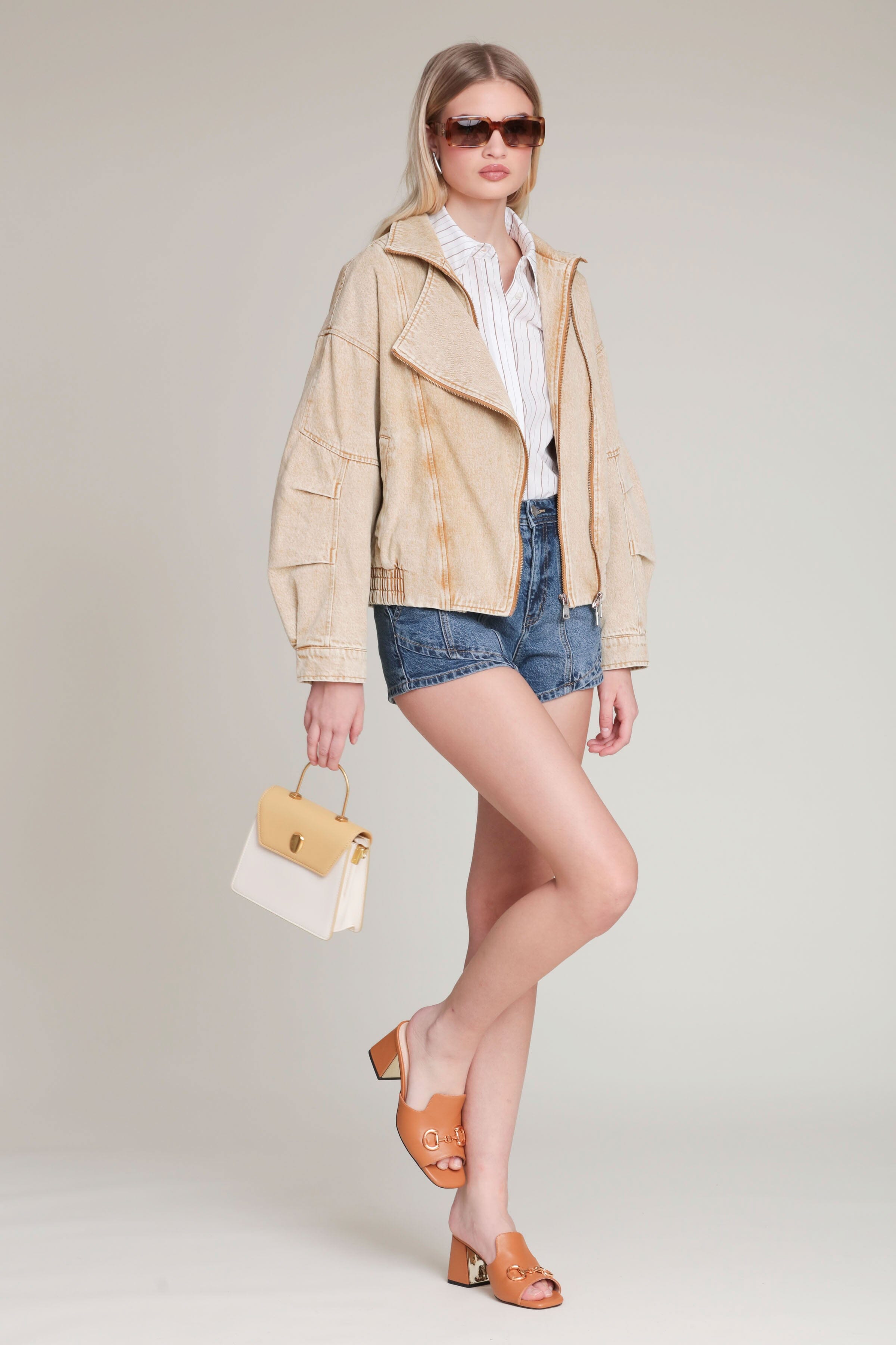 Asymmetric khaki denim bomber jacket in cotton blend with long sleeves - Shop women's jackets by Avec Les Filles