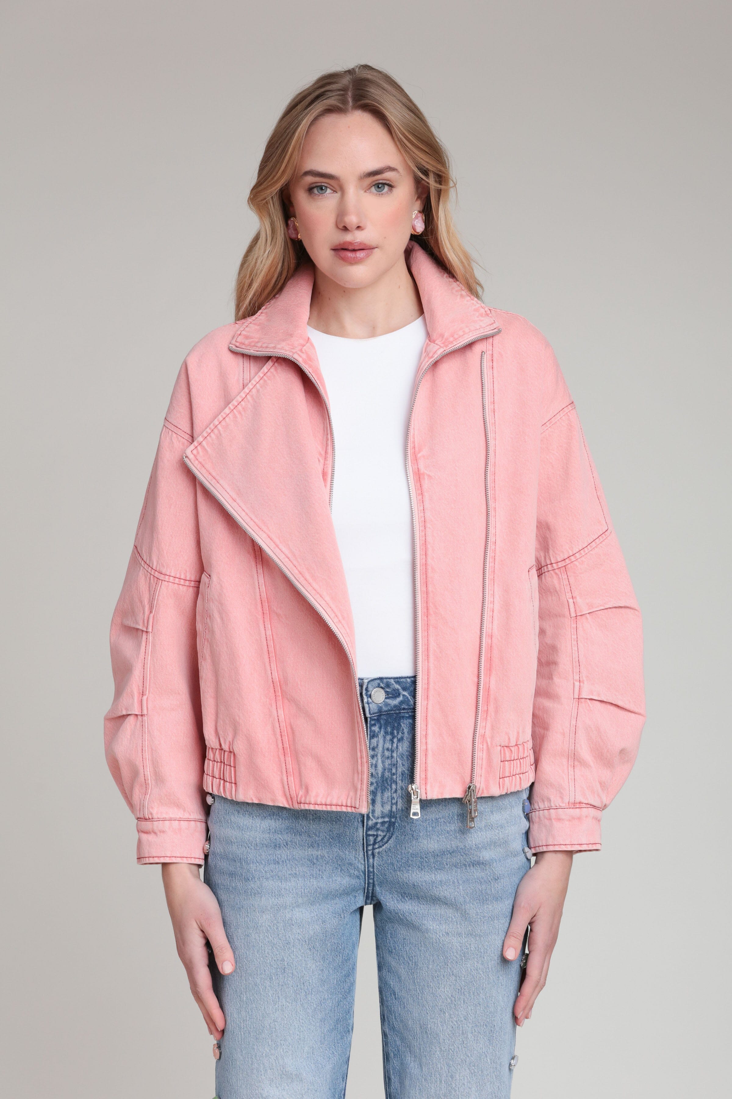Asymmetric pink denim bomber jacket with long sleeves and a zip-up front - Women's cute jackets by Avec Les Filles